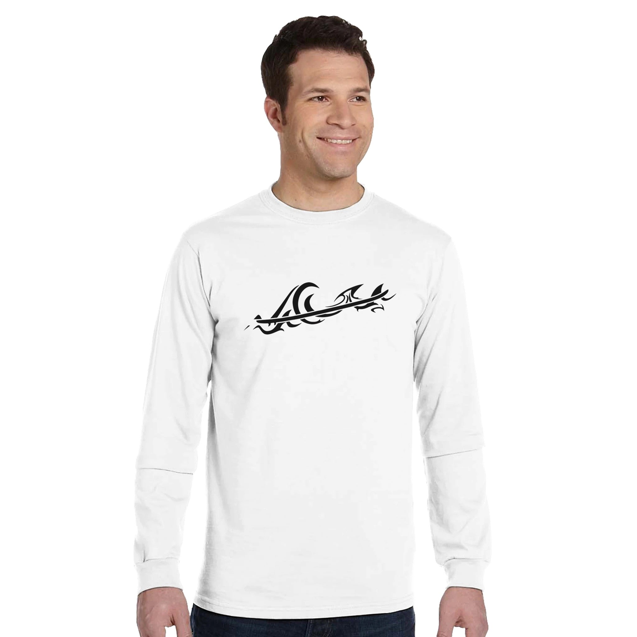 Men's White Organic Long-Sleeve Surf T-Shirt, Tribal Wave Graphic, Front