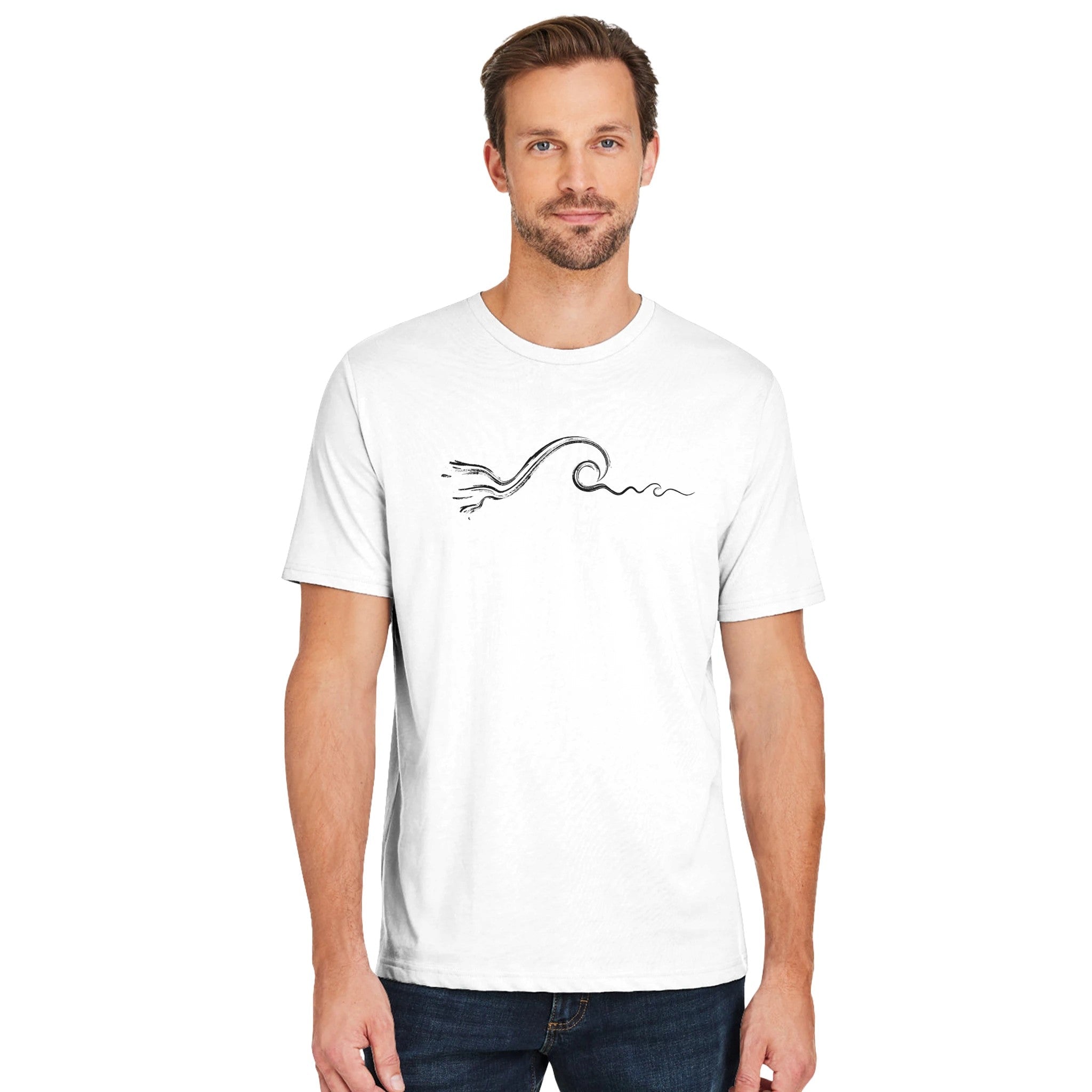 Men’s White Surf Athletic T-Shirt, Surf Style Wave Graphic, Front 