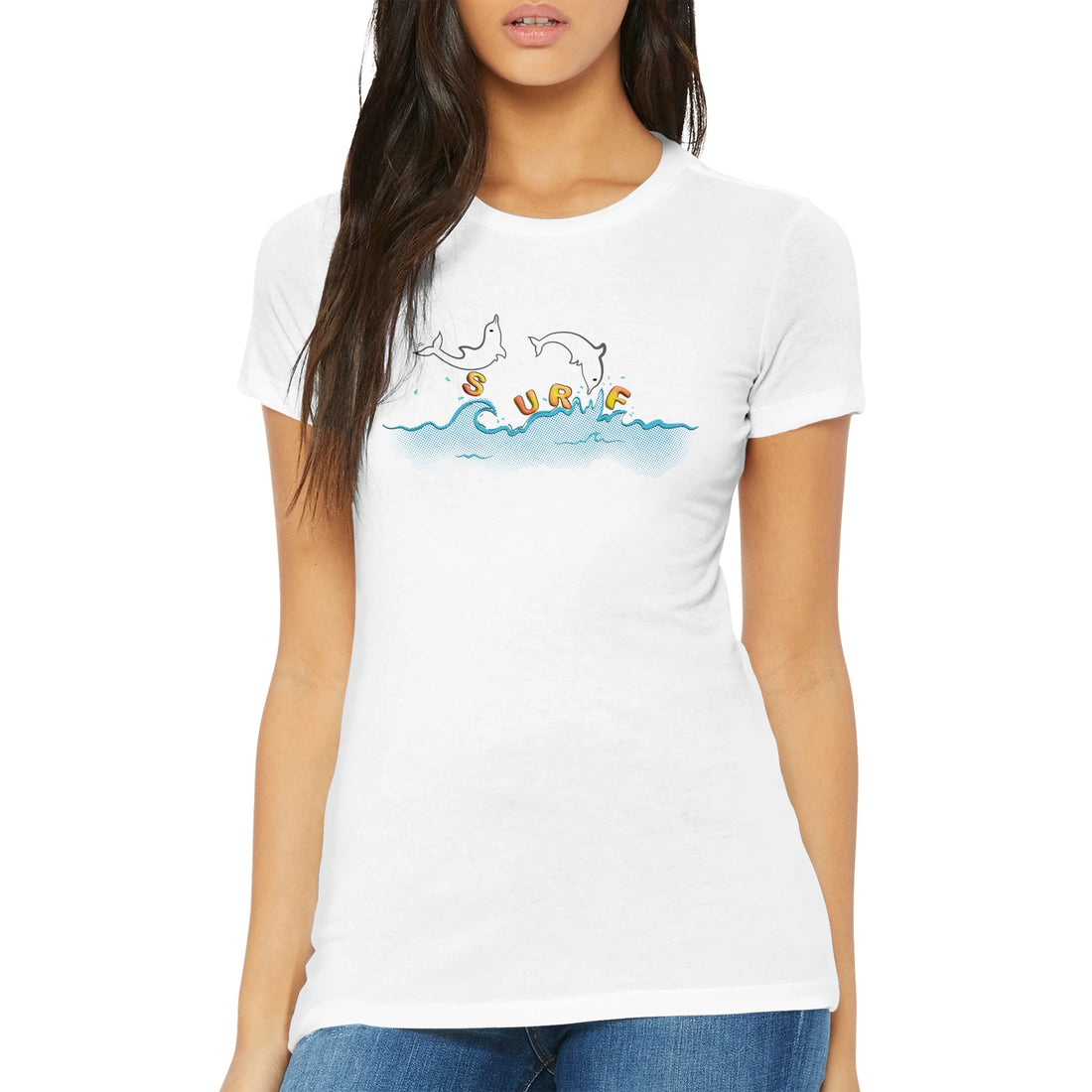 Playful Dolphins Design Street Surf Look White T-shirt 100% Premium Cotton | Surf Dolphin Style Fashion Vibe by an Indie Artist | Front