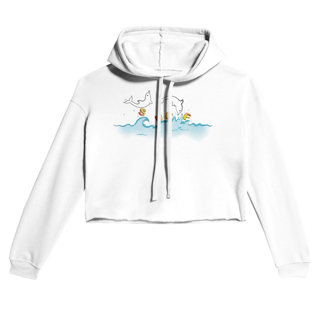 Playful Surf Dolphins Design Street Surf Look Light and Soft Premium Cotton-Poly White Crop Hoodie | Women&