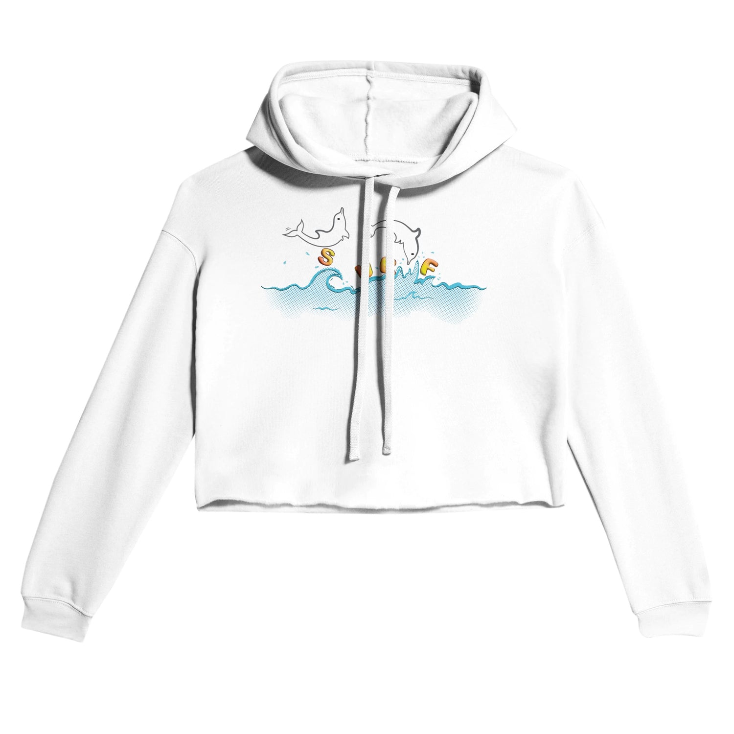 Playful Surf Dolphins Design Street Surf Look Light and Soft Premium Cotton-Poly White Crop Hoodie | Women&