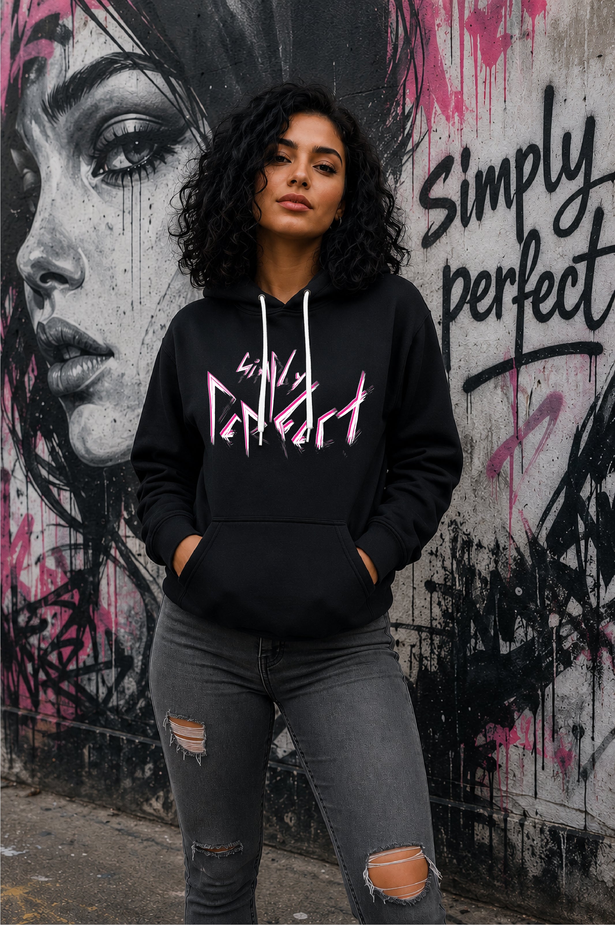 A woman with curly black hair stands in front of a graffiti wall wearing a black pullover hoodie with a punk style slogan that says 'Simply Perfect' print on the chest, paired with distressed gray jeans.