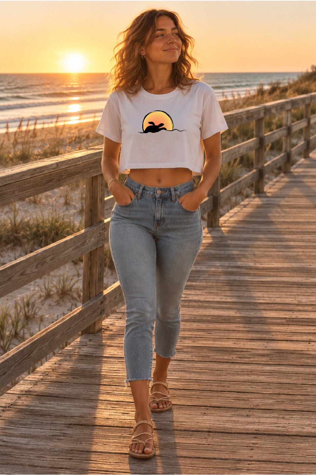 A woman stands on a wooden boardwalk wearing a white cropped t-shirt with a silhouette of a sea turtle against the sunset, blue jeans and tan sandals, with the ocean and dunes in the background.