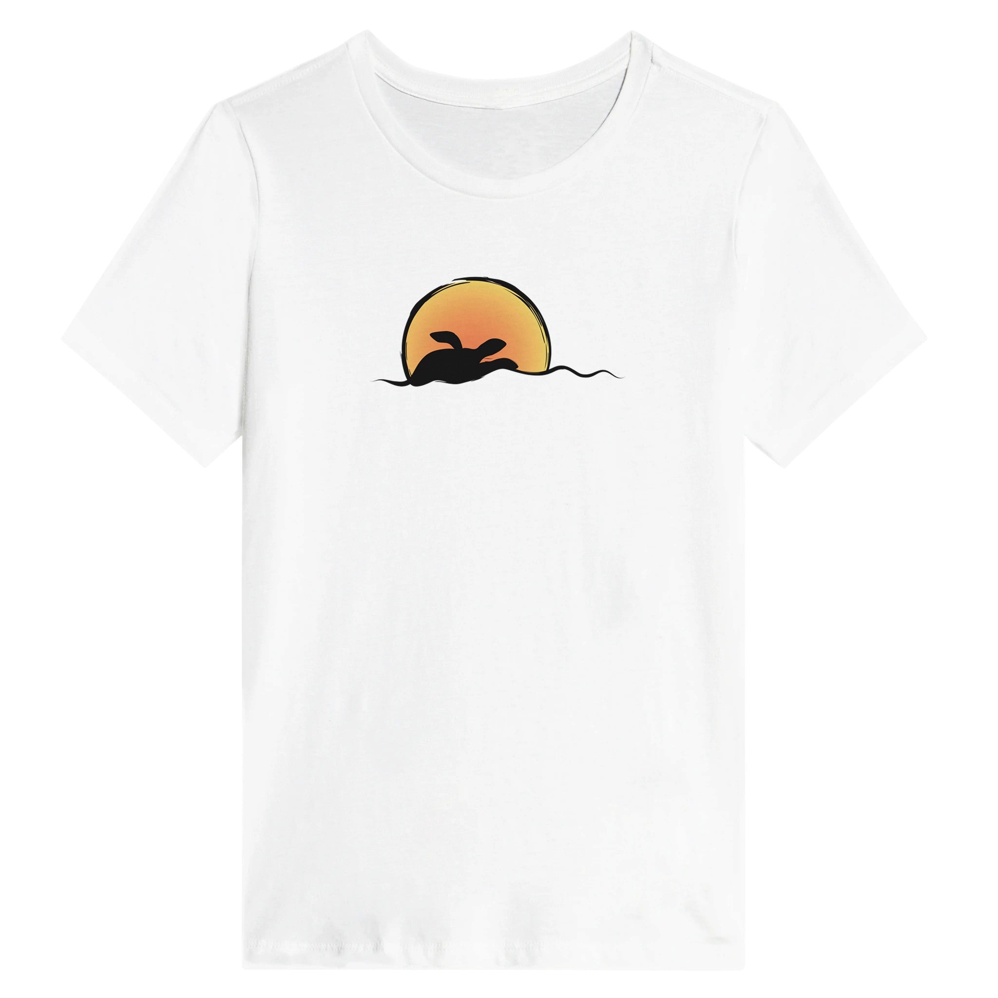 White t-shirt with a graphic design of a sun and a sea turtle silhouette on a white background