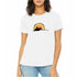 Woman wearing a white t-shirt with a graphic design of a sun and a sea turtle silhouette on a white background