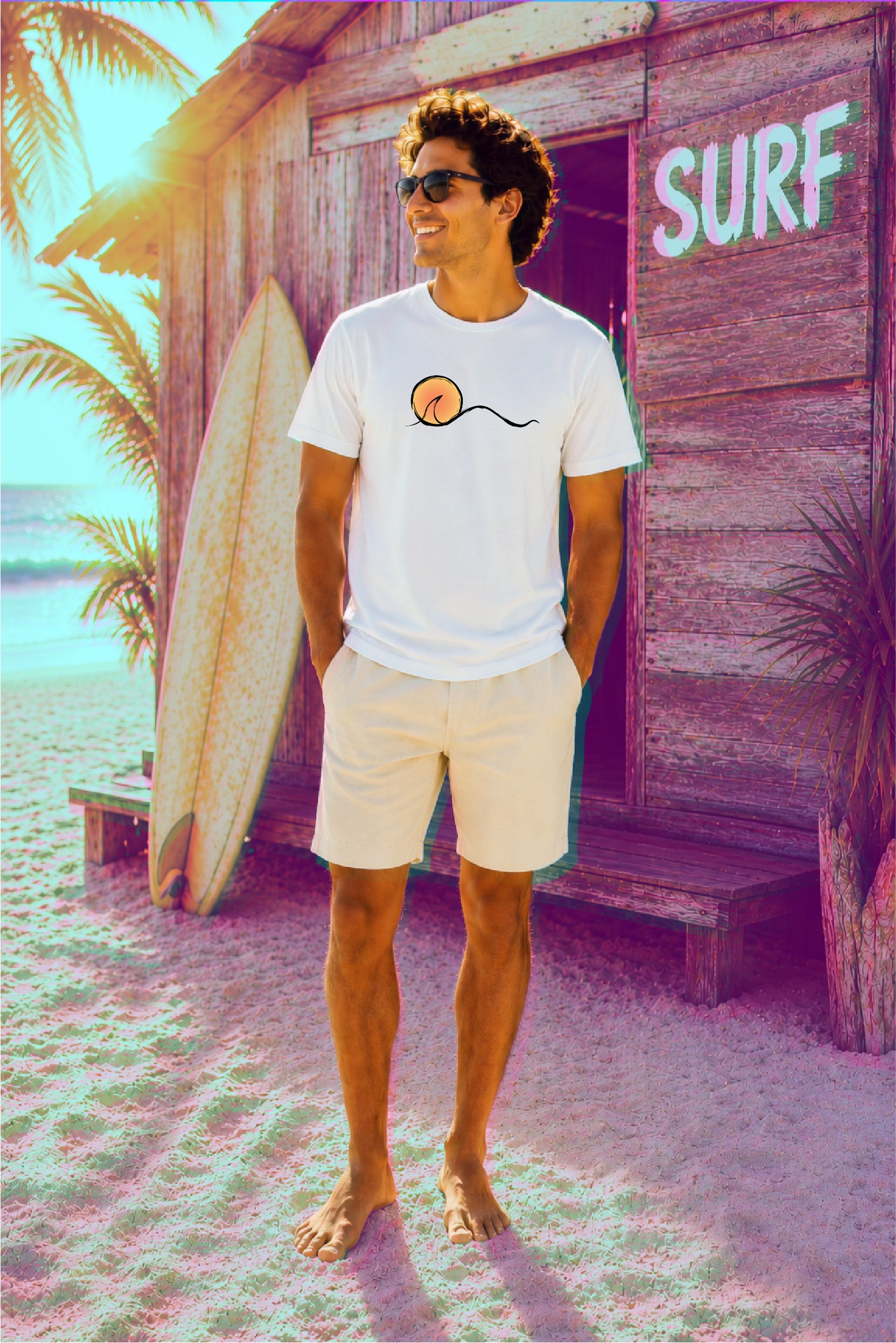 A man wearing a white t-shirt with a sunset graphic and beige shorts stands barefoot on a sandy beach in front of a rustic wooden hut with the word 'SURF' on the door.