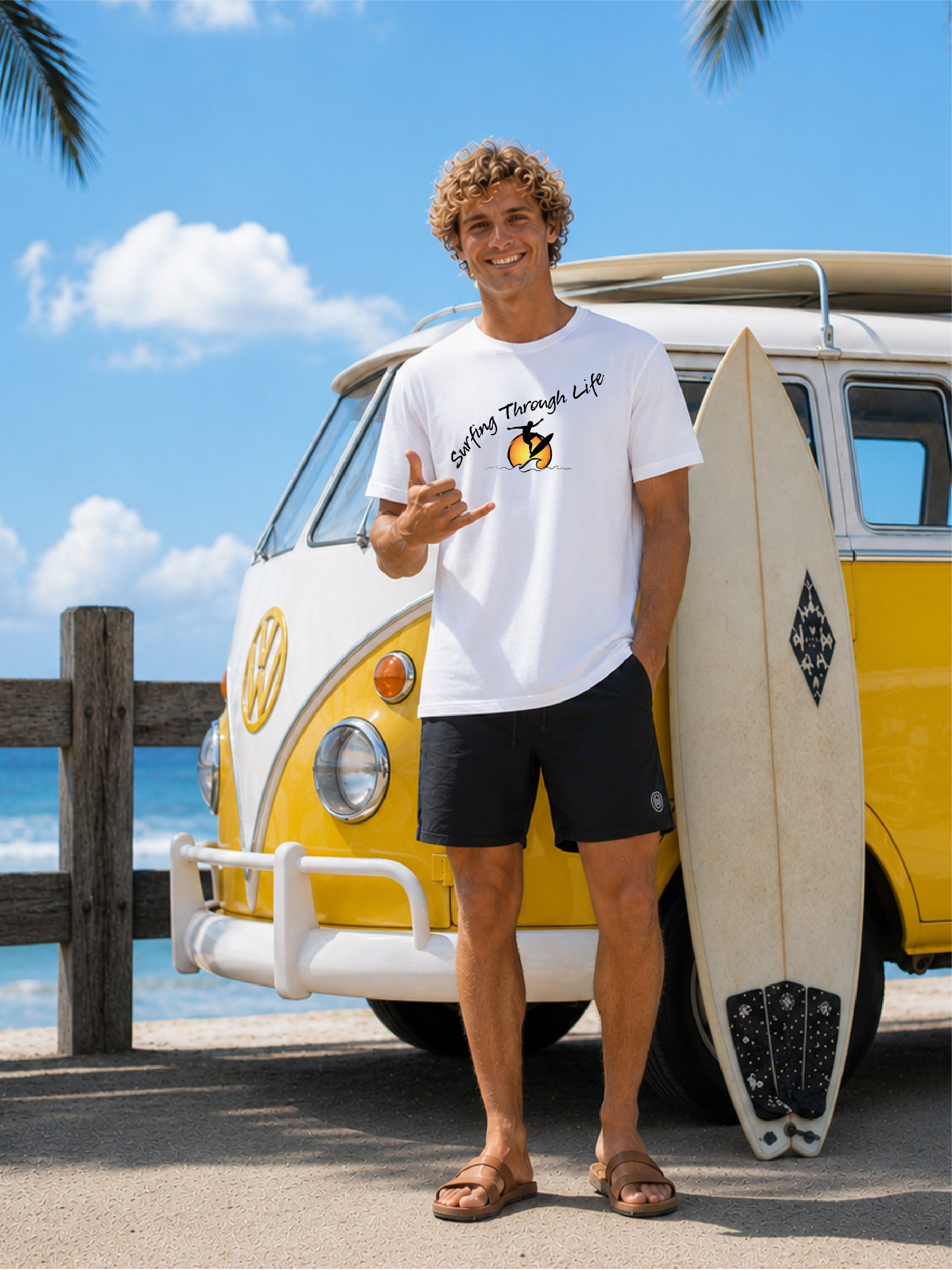 A man stands on in front of a yellow, vintage Kombi, wearing a white t-shirt with  a text 'Surfing Through Life' with the sun behind  of a silhouette of a surfer and black shorts, with a surfboard leaning against the van.