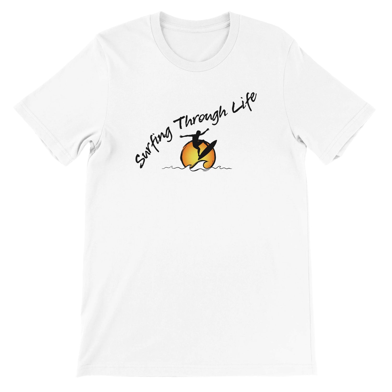 Surfing Through Life Classic White T-shirt, FreeStyle Beach Slogan Apparel by an Indie Artist, Front