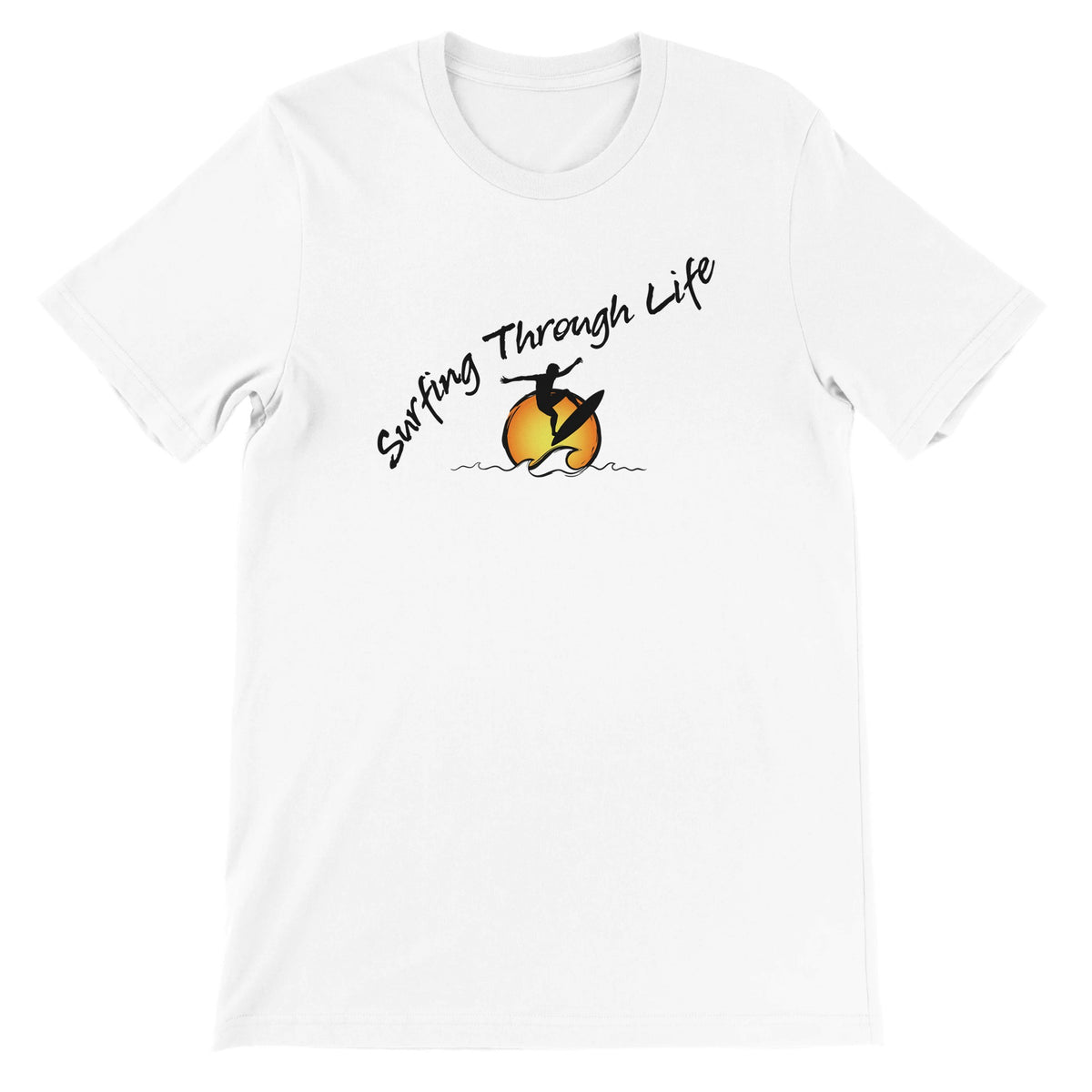 Surfing Through Life Classic White T-shirt, FreeStyle Beach Slogan Apparel by an Indie Artist, Front
