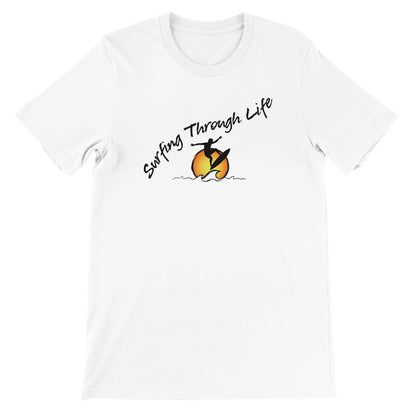 Surfing Through Life Classic White T-shirt, FreeStyle Beach Slogan Apparel by an Indie Artist, Front