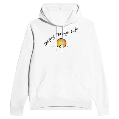 Unisex Surfing Through Life Premium White Hoodie, Freestyle Beach Slogan Apparel by an Indie Artist, Front 2