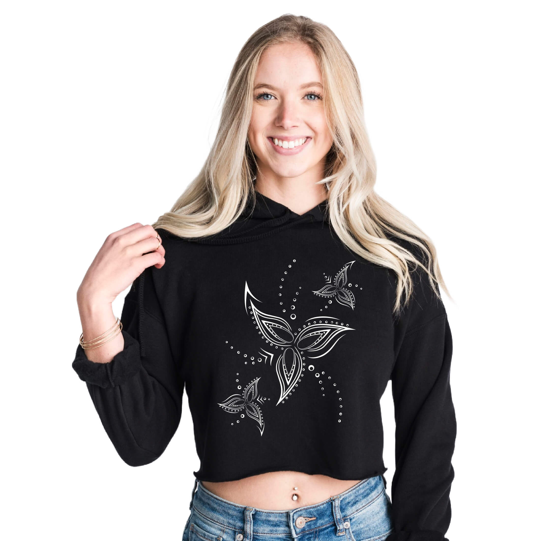 Women's Tribal Line Flower Black Crop Hoodie, FreeStyle Flower Graphic Apparel by an Indie Artist, Front