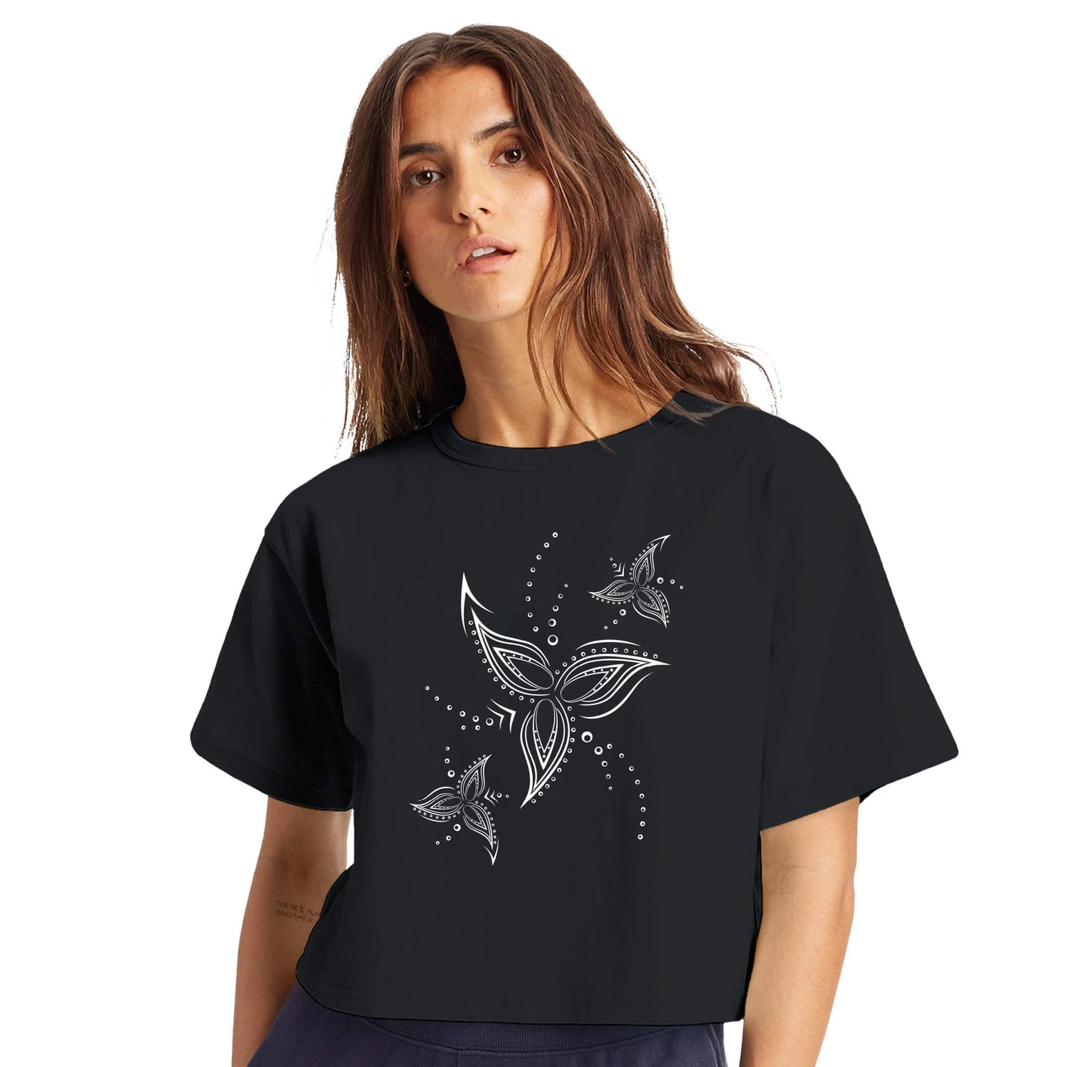 Tribal Line Flower Black Crop Top | Women&