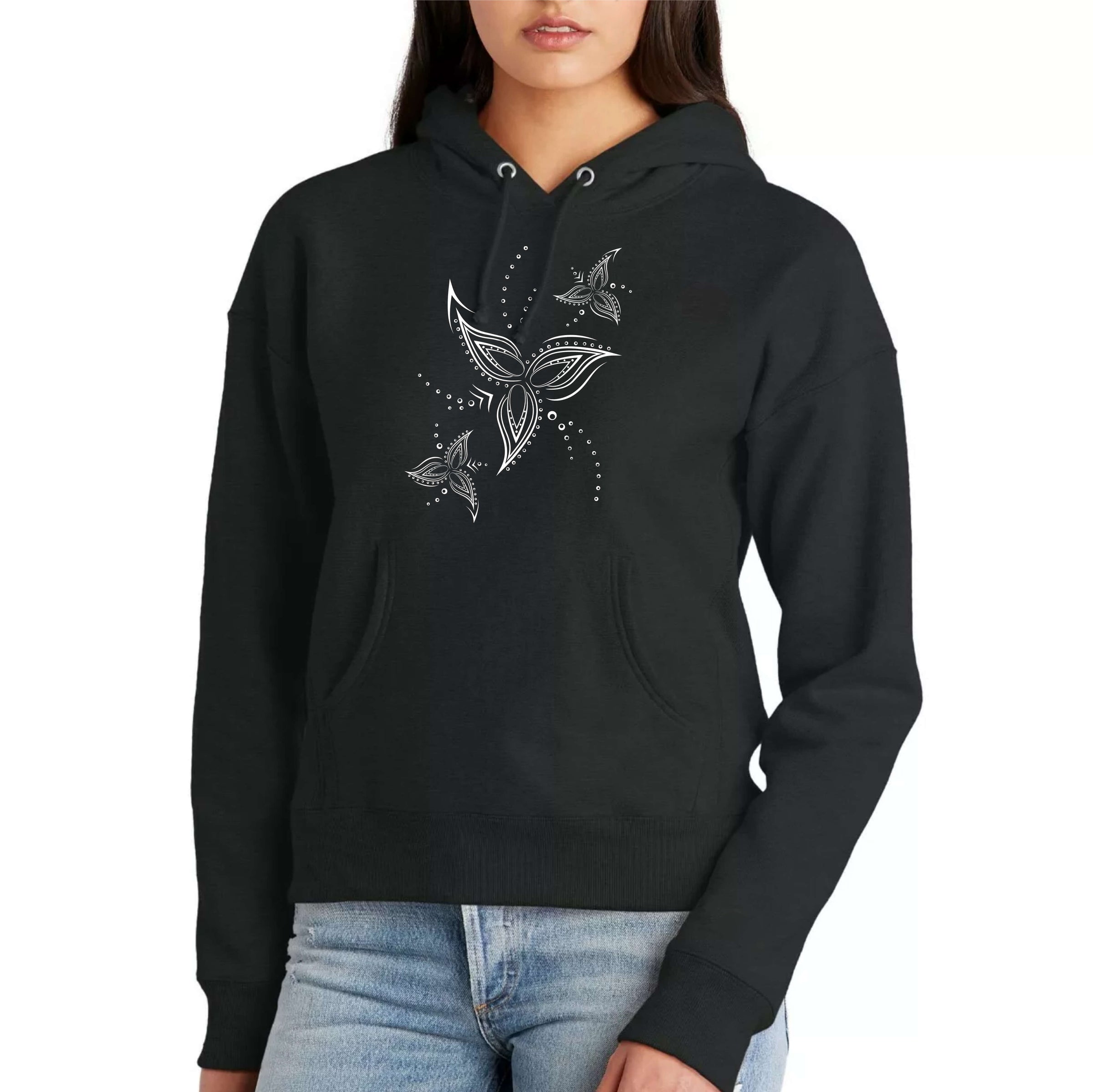 Women's Tribal Line Flower Heavyweight Black Hoodie, FreeStyle Flower Graphic Apparel by an Indie Artist, Front