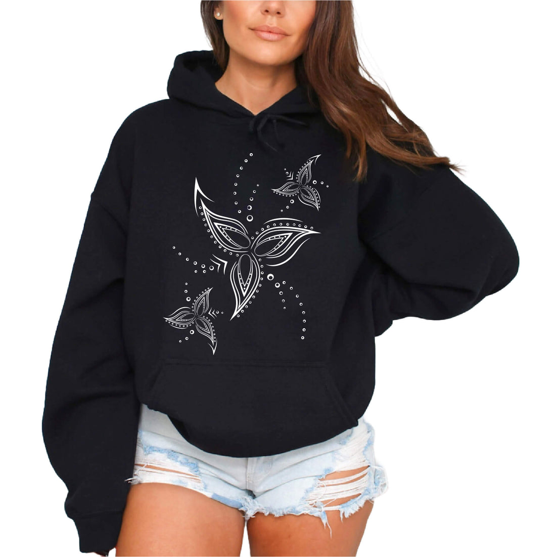 Tribal Line Flower Black Hoodie | Women&