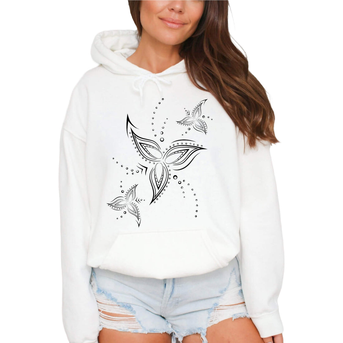 Tribal Line Flower White Hoodie | Women&