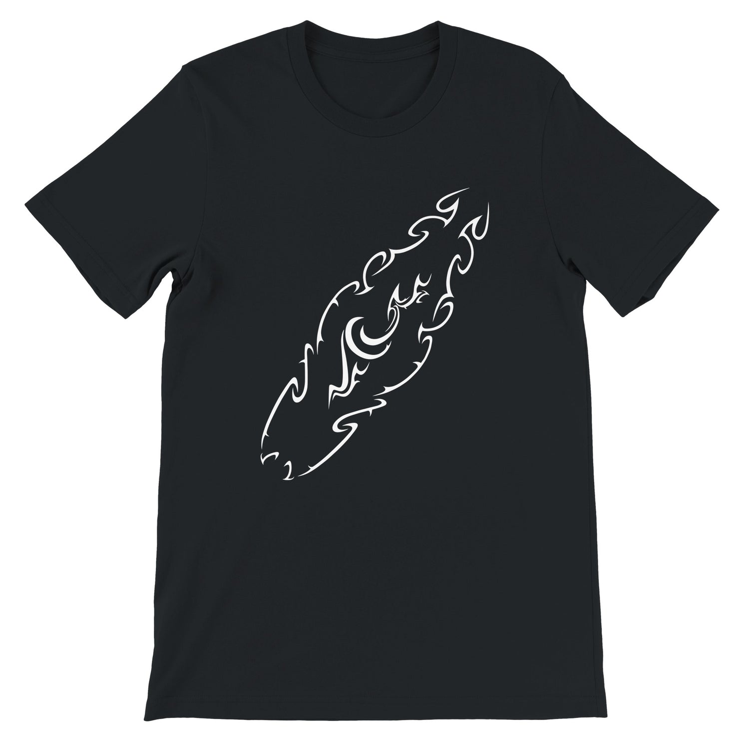 Unisex Tribal Surfboard Classic Black T-shirt, FreeStyle Tribal Surf Apparel by an Indie Artist, Front 2