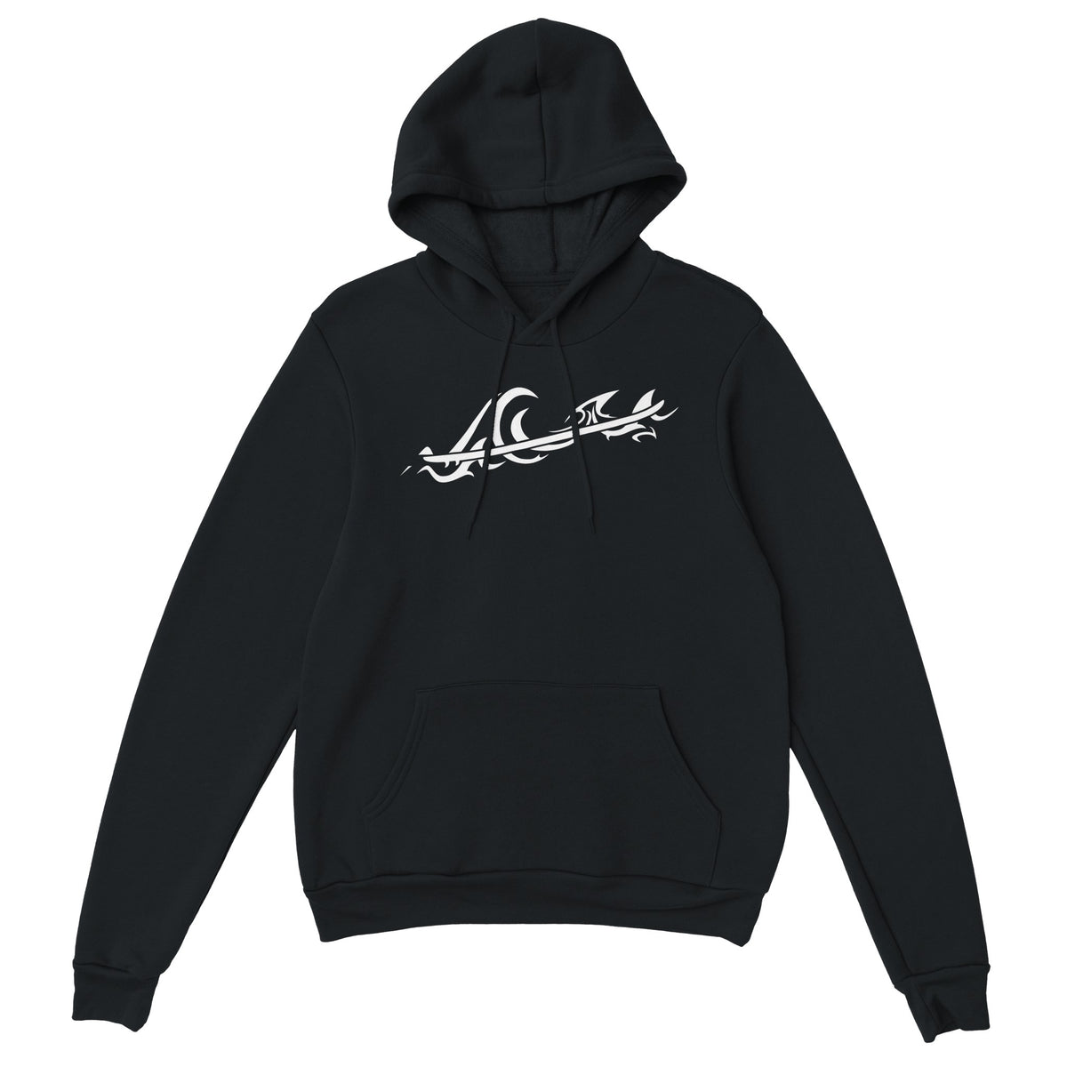 Unisex Tribal Wave Classic Black Hoodie, Freestyle Tribal Surf Apparel by an Indie Artist, Front 2