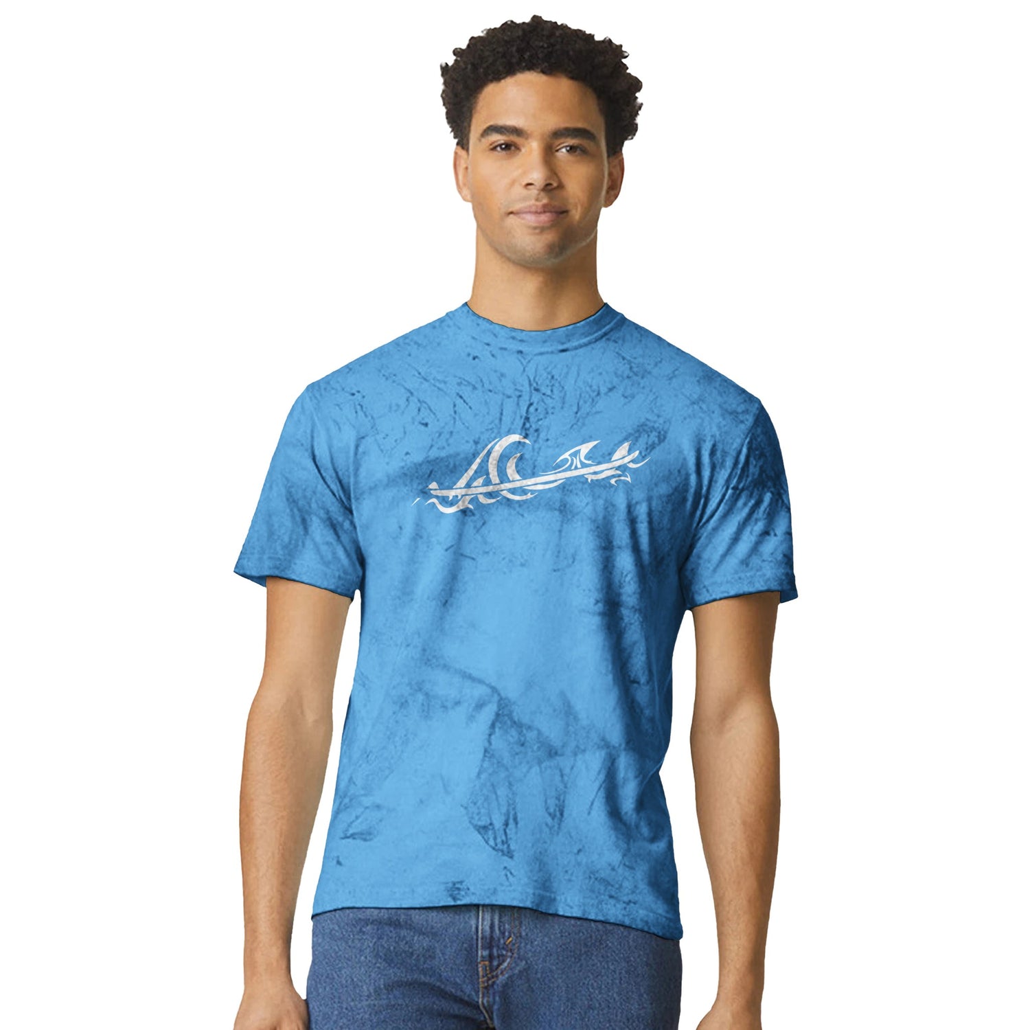 Unisex Tribal Wave Fiji Blue Color Blast T-shirt, FreeStyle Tribal Surf Apparel by an Indie Artist, Front 2