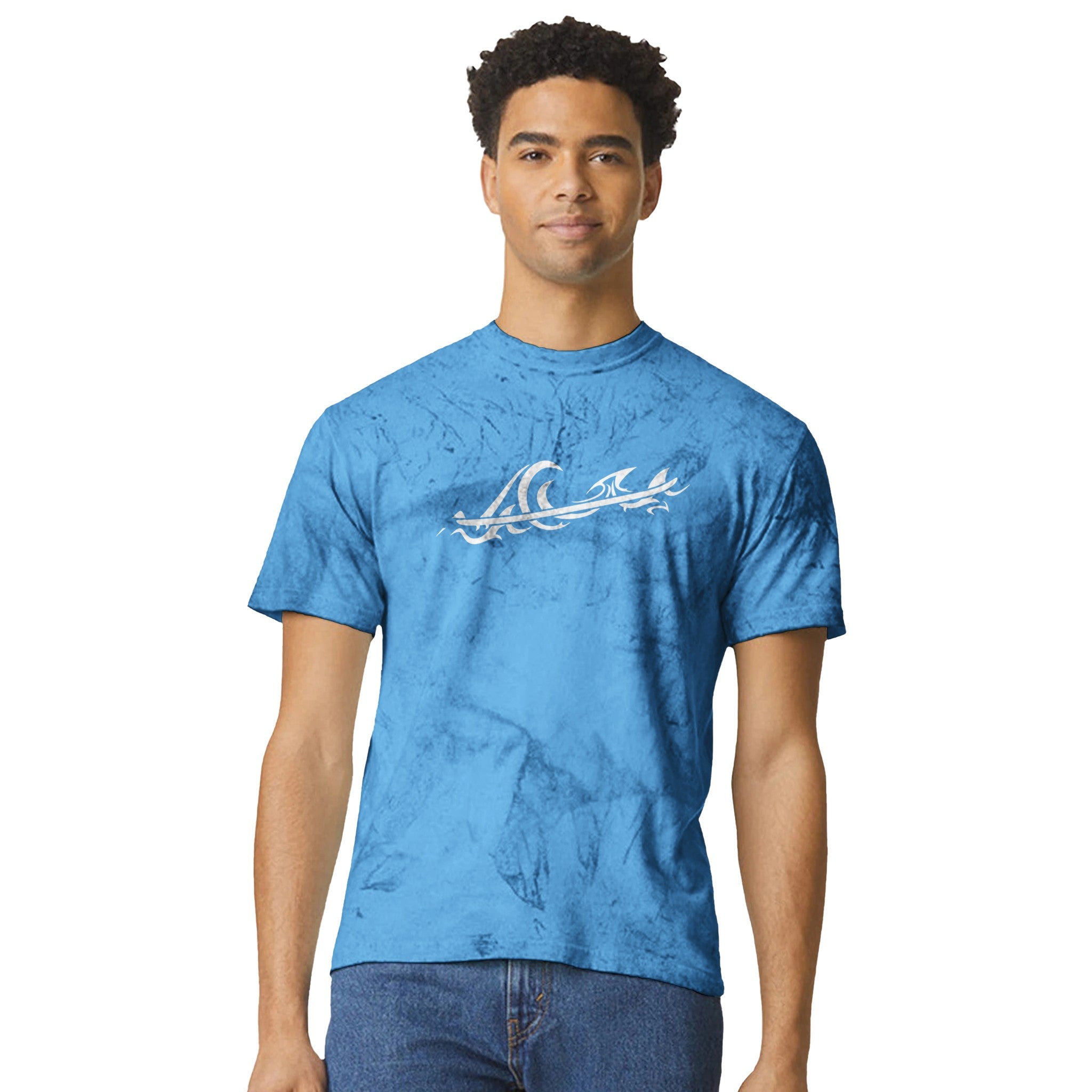 Unisex Tribal Wave Fiji Blue Color Blast T-shirt, FreeStyle Tribal Surf Apparel by an Indie Artist, Front 2