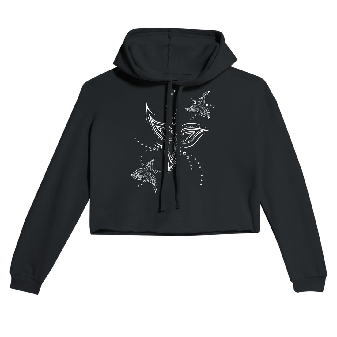 Tribal Flower Line Art Black Crop Hoodie | Light and Soft Premium Cotton-Poly Fleece Blend | Women&