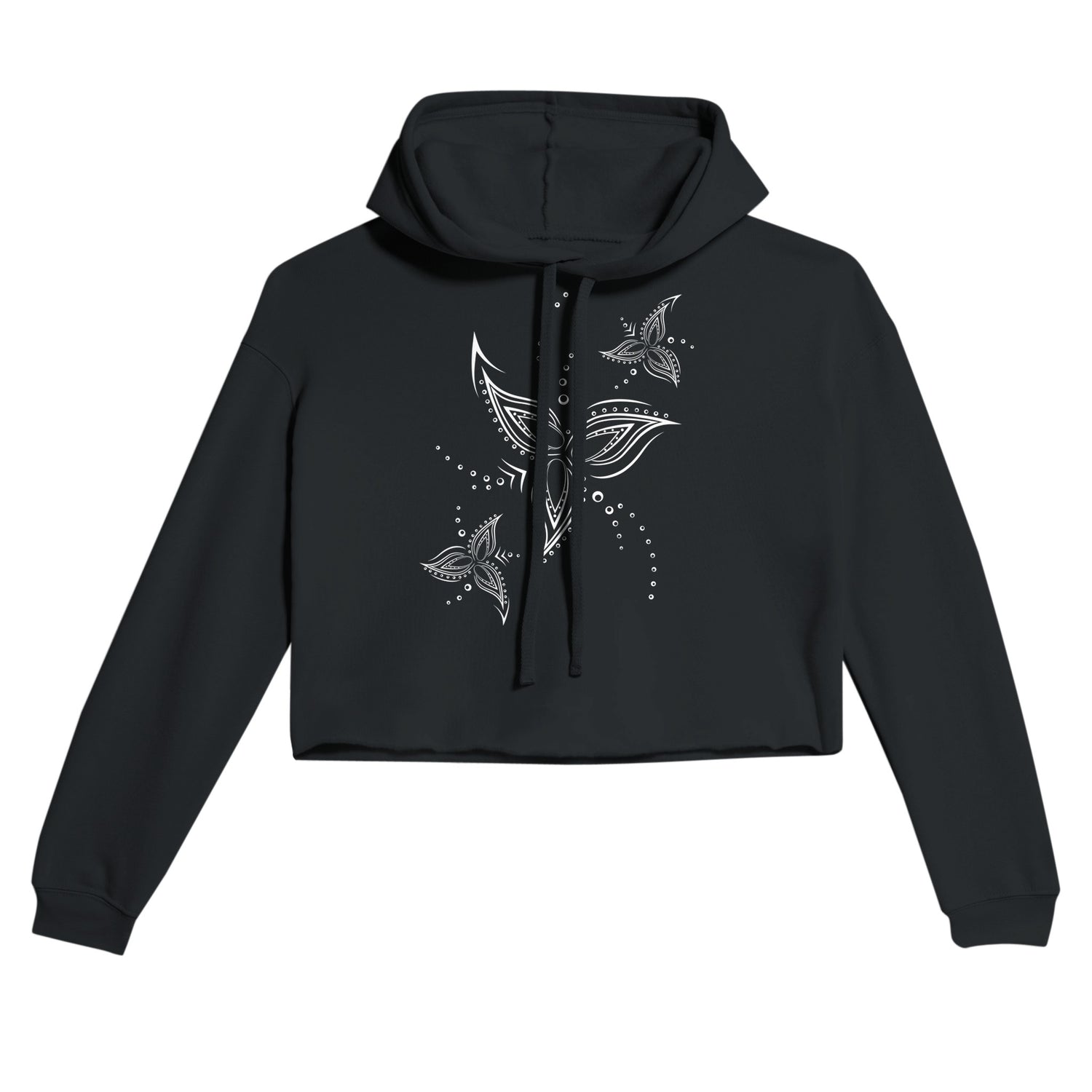 Tribal Flower Line Art Black Crop Hoodie | Light and Soft Premium Cotton-Poly Fleece Blend | Women&