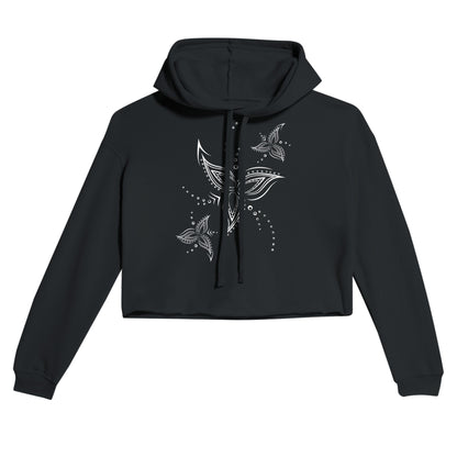 Tribal Flower Line Art Black Crop Hoodie | Light and Soft Premium Cotton-Poly Fleece Blend | Women&