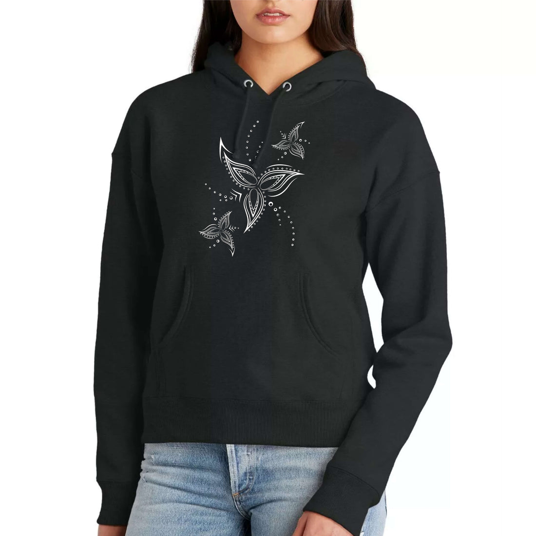 Tribal Flower Line Art Black Hoodie | Soft Premium Heavyweight Cotton-Poly Blend | Women&