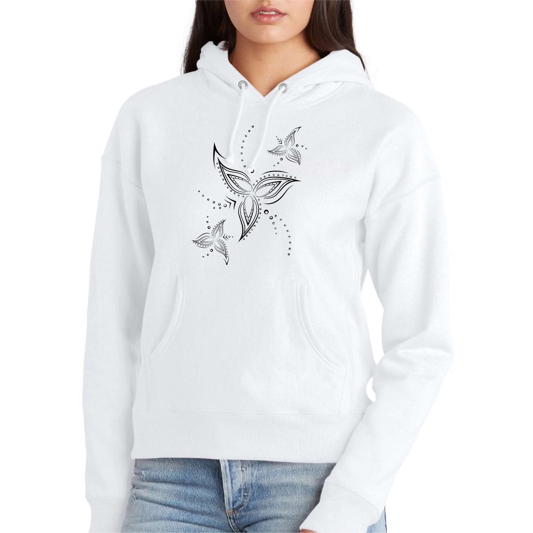 Tribal Flower Line Art White Hoodie | Soft Premium Heavyweight Cotton-Poly Blend | Women&