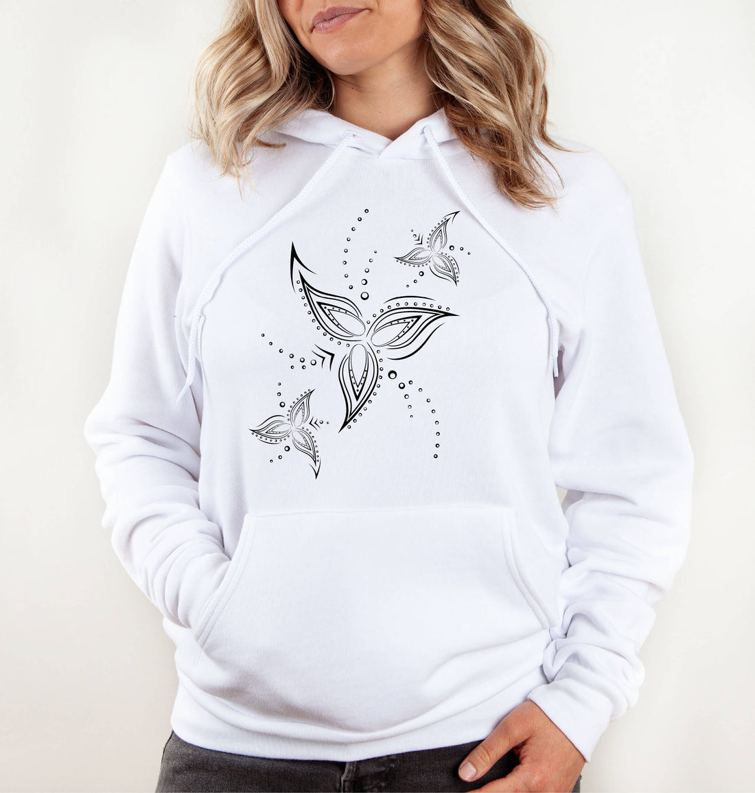 Tribal Flower Line Art White Hoodie | Soft Premium Cotton-Poly Fleece Blend | Women&
