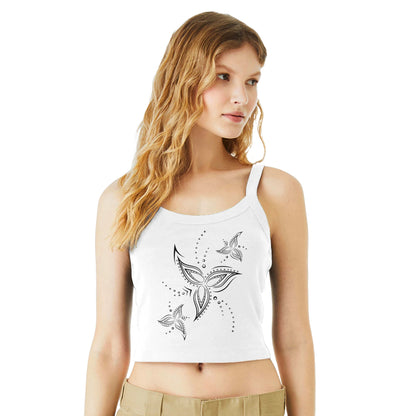 Tribal Flower Line Art White Strap Top | Light and Soft Premium Cotton-Poly Blend | Women&