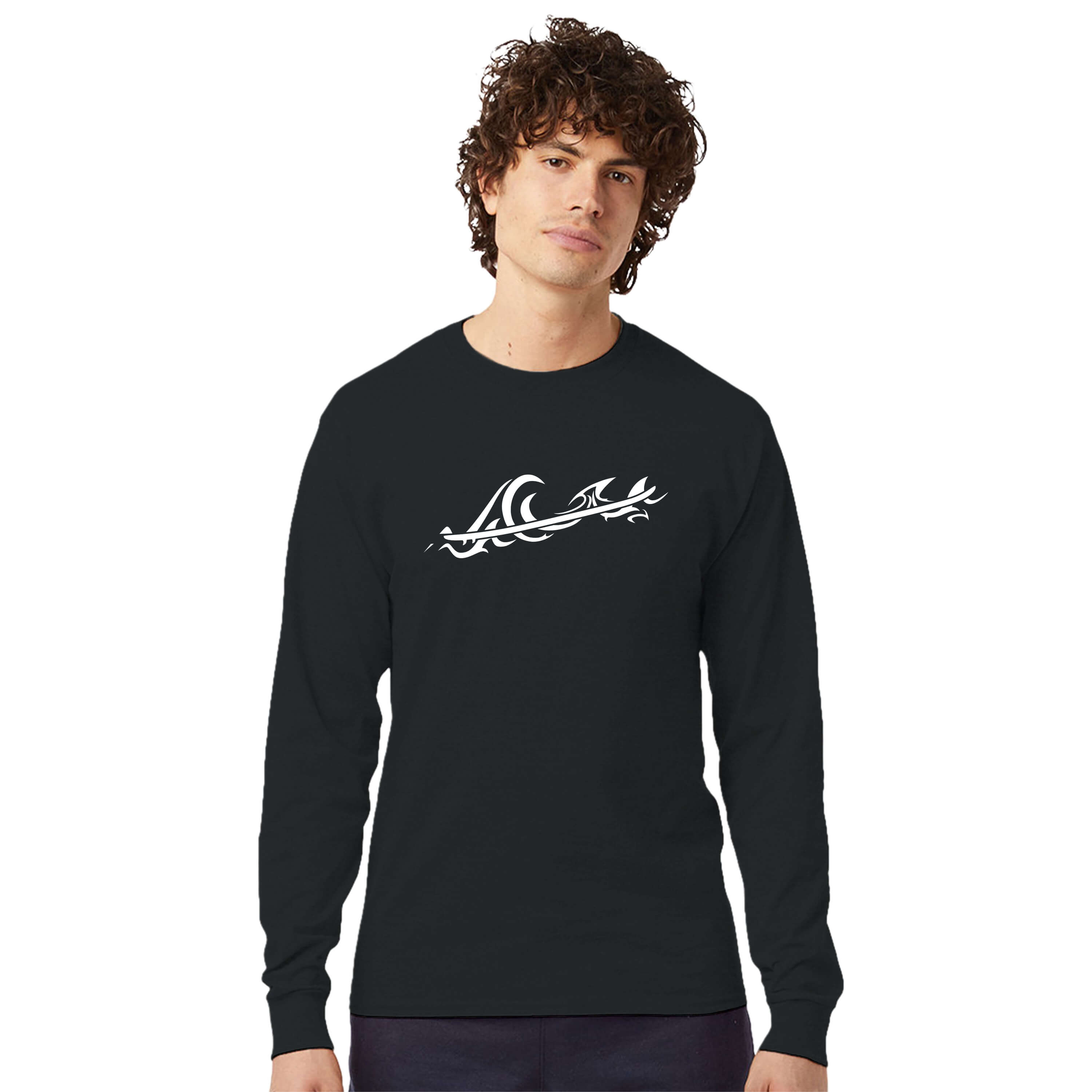 Tribal Surf Wave Street Surf Look 100% Cotton Classic Black Long-Sleeve T-Shirt | Men's Casual Ocean Wave Fashion Tribal Surf Style Vibe | FreeStyle Design by an Independent Artist | Mockup