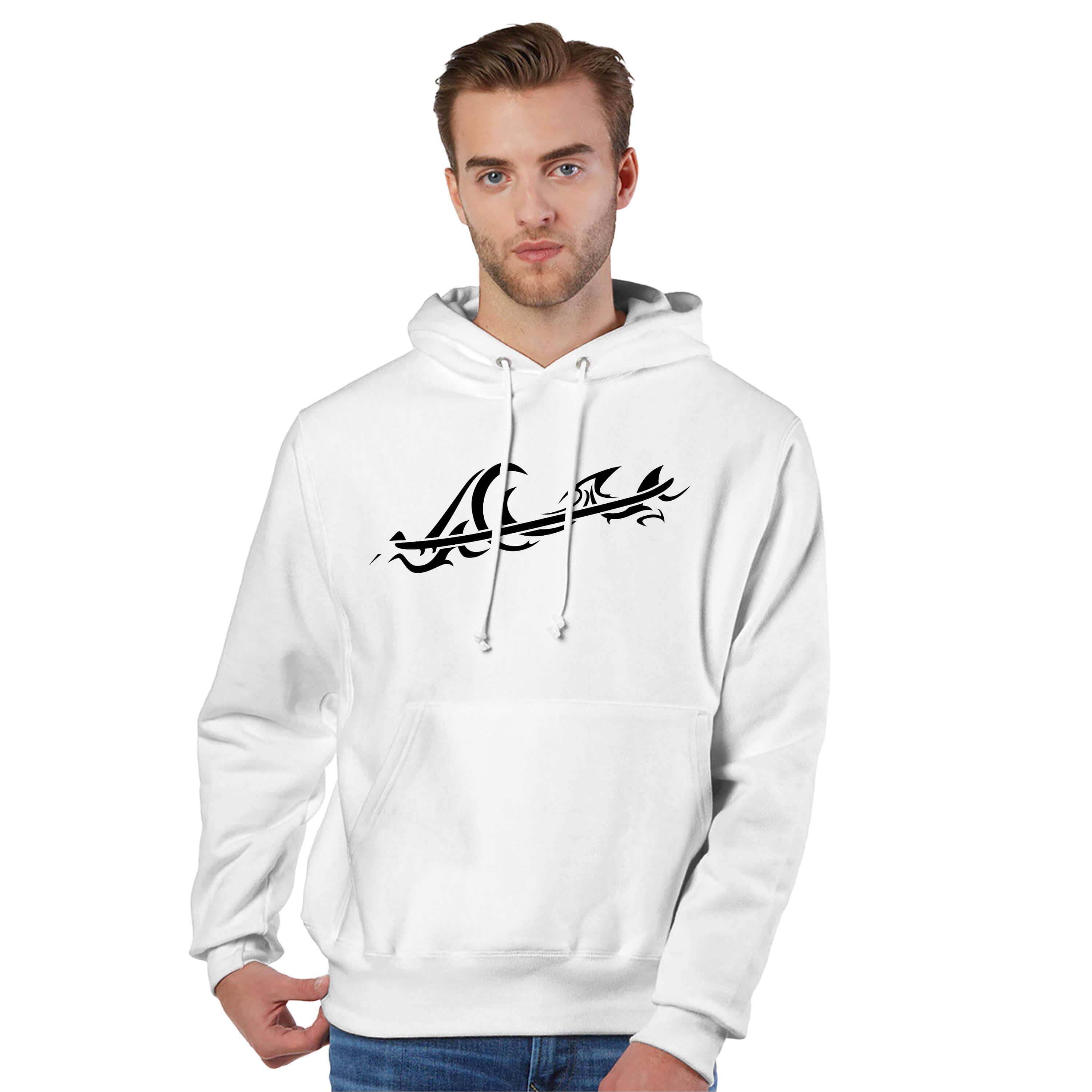 Tribal Surf Wave Street Surf Look Soft Premium Heavyweight White Hoodie | Men's Laidback Ocean Fashion Street Surf Vibe | FreeStyle Design by an Indie Artist | Mockup