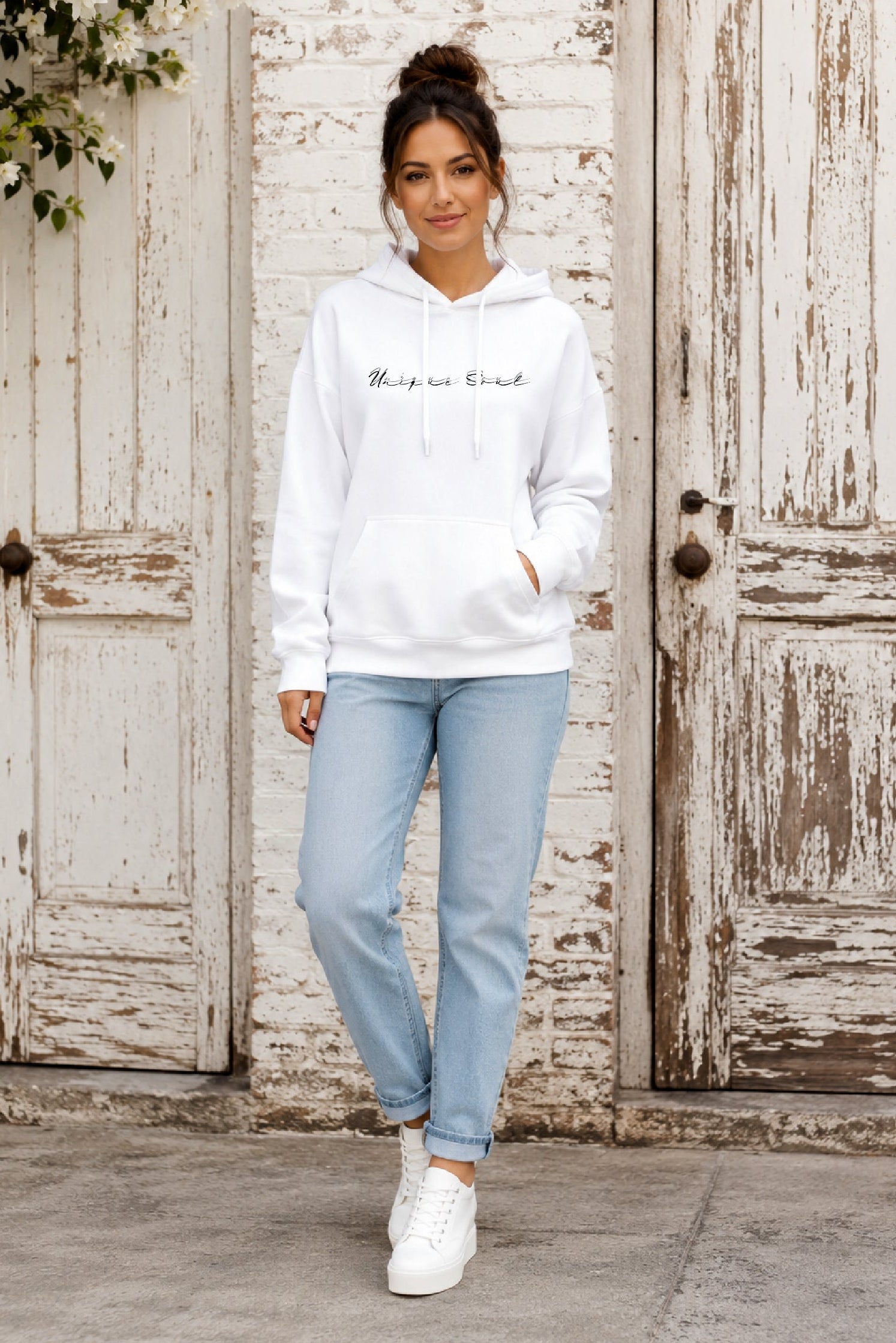 A woman stands outdoors in front of distressed white wooden doors wearing a white pullover hoodie with "Unique Soul" slogan on the chest, light blue jeans, and white sneakers.
