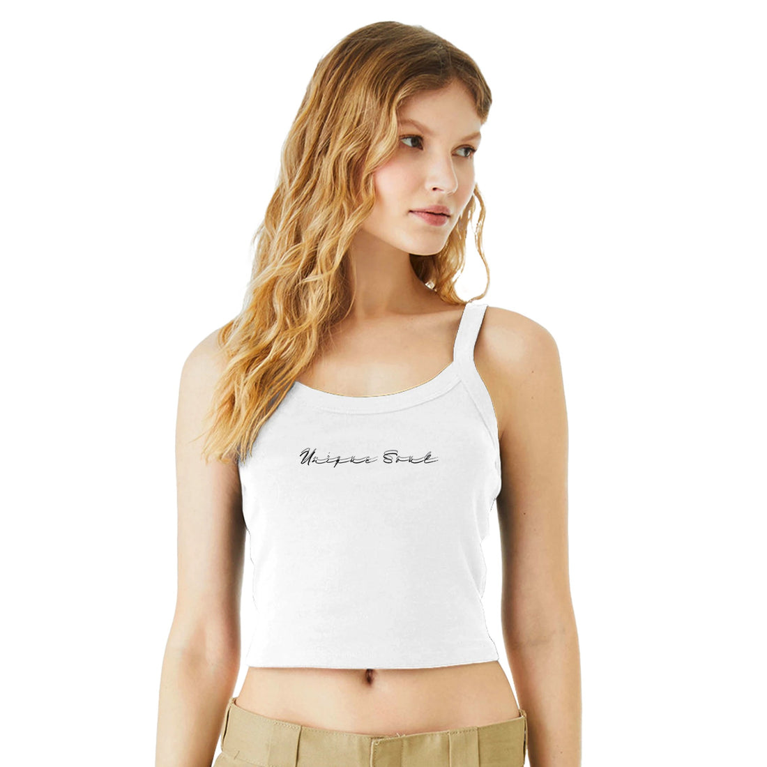 Unique Soul Slogan Art Light and Soft Premium Cotton White Strap Top | Women&