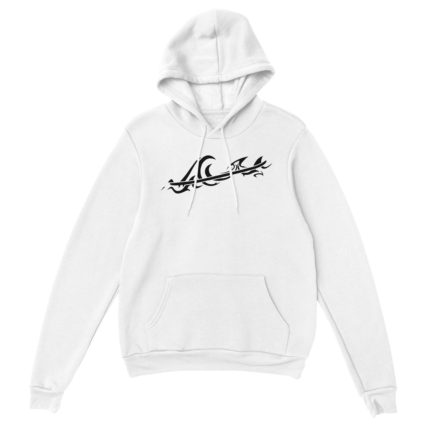 Unisex White Classic Surf Hoodie, Tribal Wave Graphic, Front 2