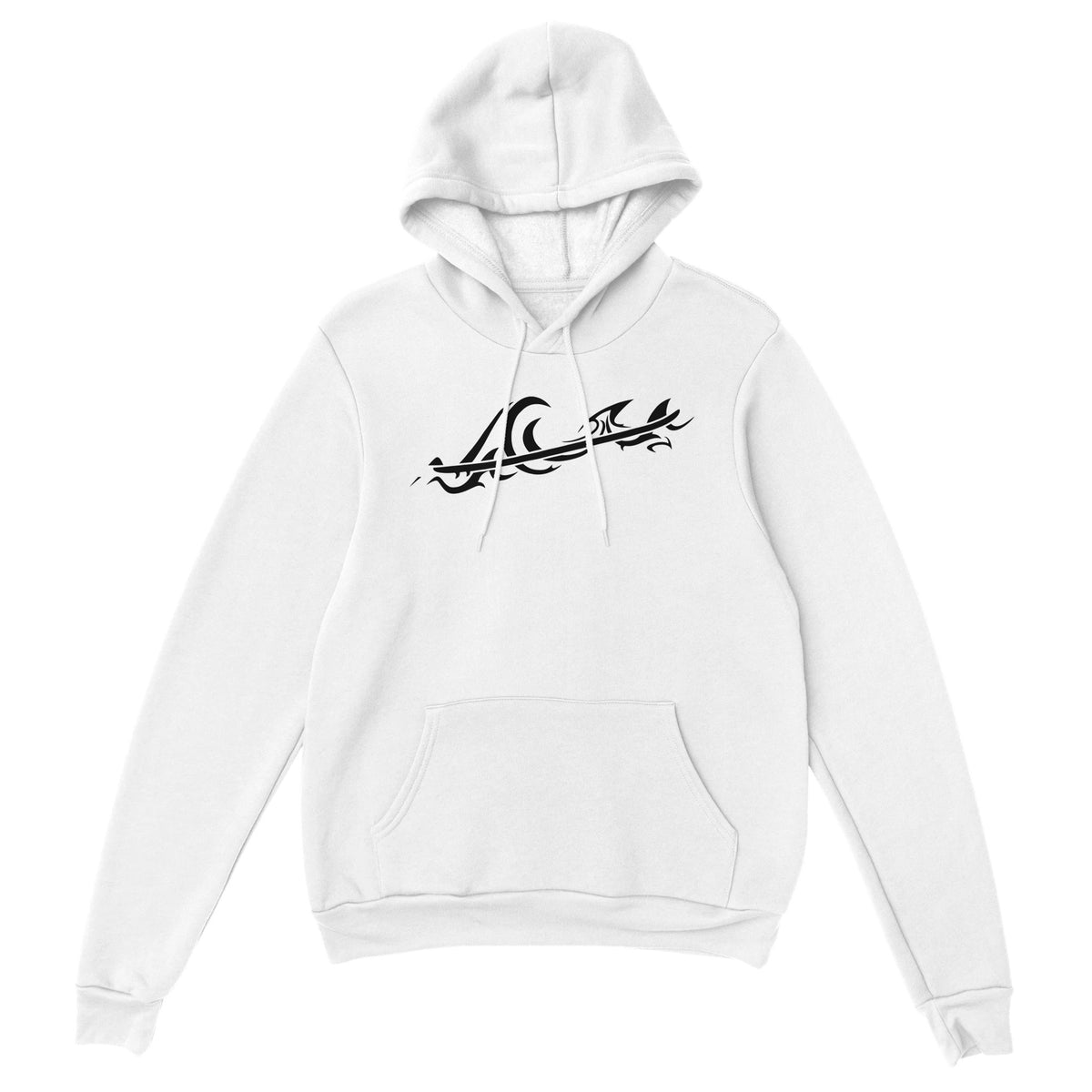 Unisex White Classic Surf Hoodie, Tribal Wave Graphic, Front 2