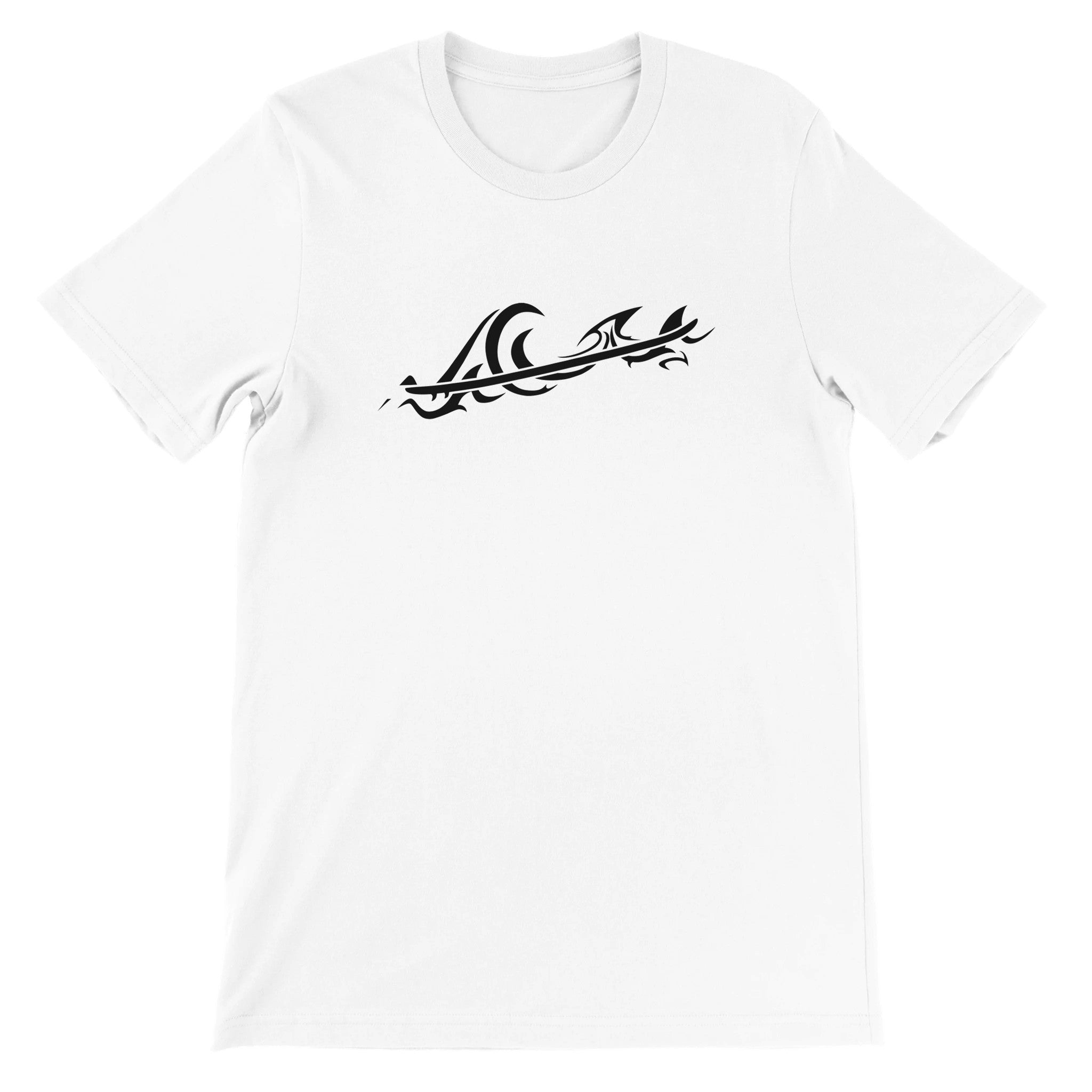 Unisex White Classic Surf T-Shirt, Tribal Wave Graphic, Front 2
