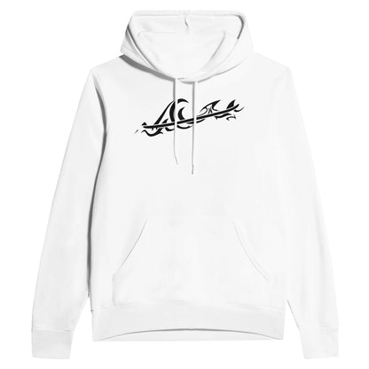 Unisex White Premium Surf Hoodie, Tribal Wave Graphic, Front 2