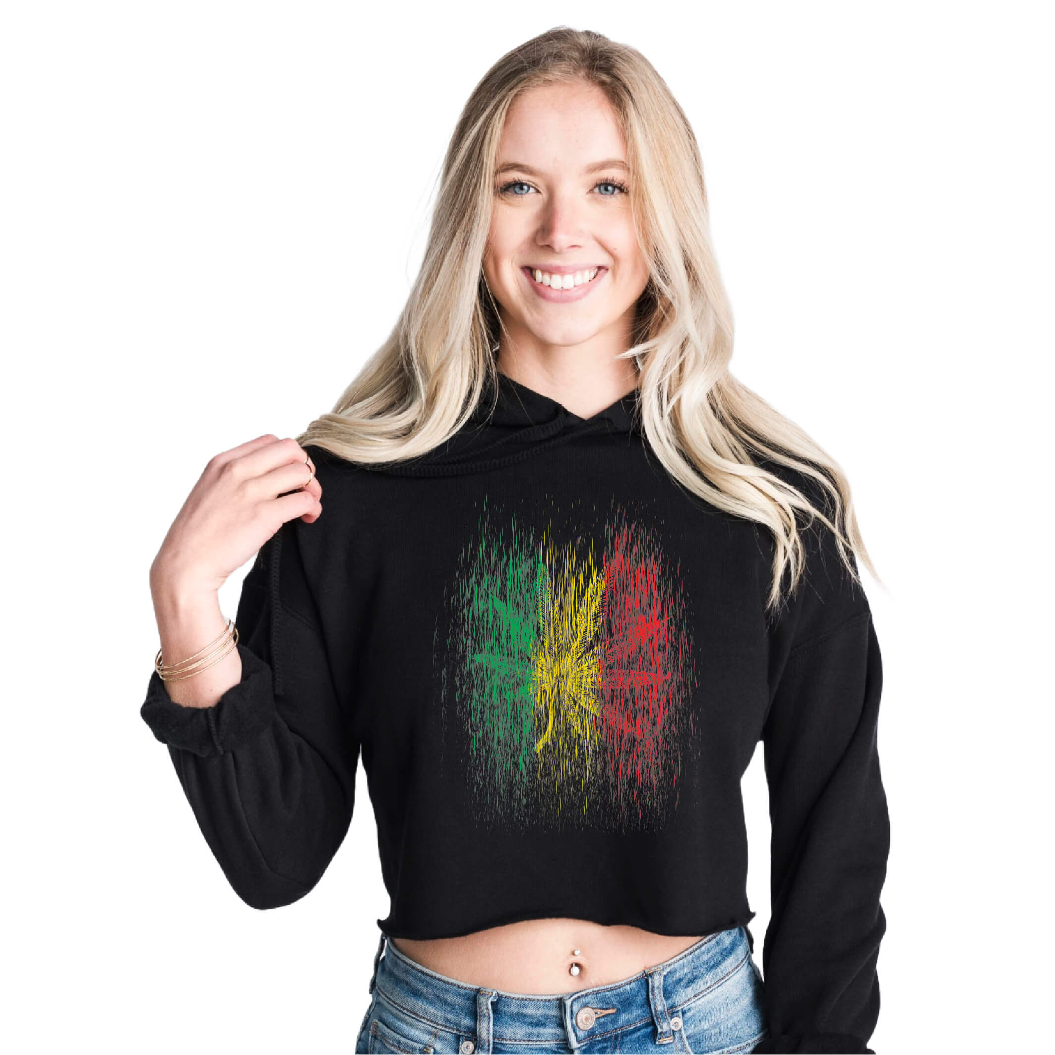 Women's 420 Weed, Marijuana Rasta Color, Color Premium Black Crop Hoodie, 'La Folhita', Stoner Weed Outfit For Women by an Indie Artist | Front