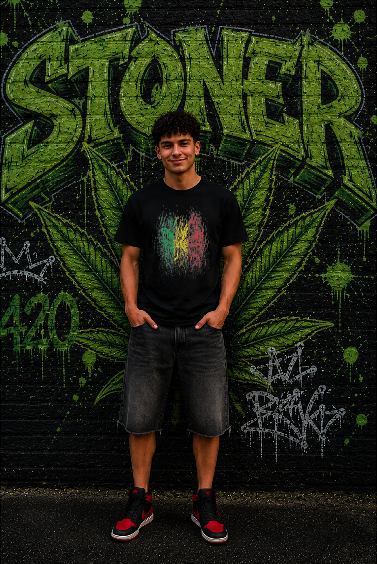 A young man stands in front of a graffiti wall wearing a black t-shirt with a colorful Rastafarian rain effect color with a hemp leaf graphic, dark gray denim shorts, and red and black sneakers.