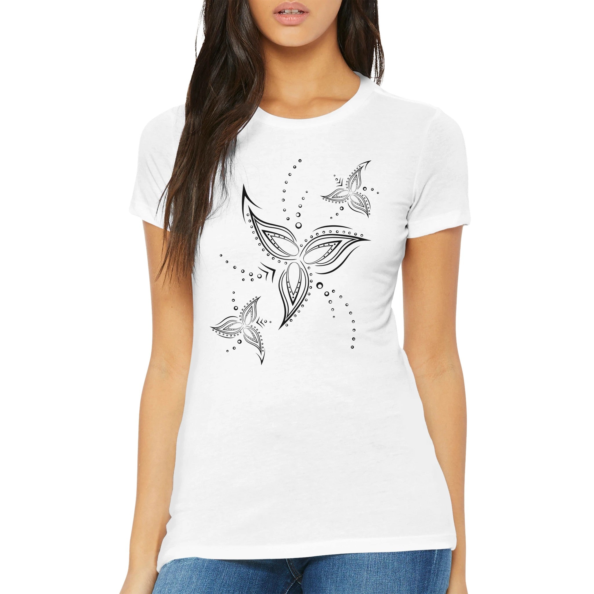 White Classic Women’s Slim T-Shirt, Tribal Line Flower Graphic,Front