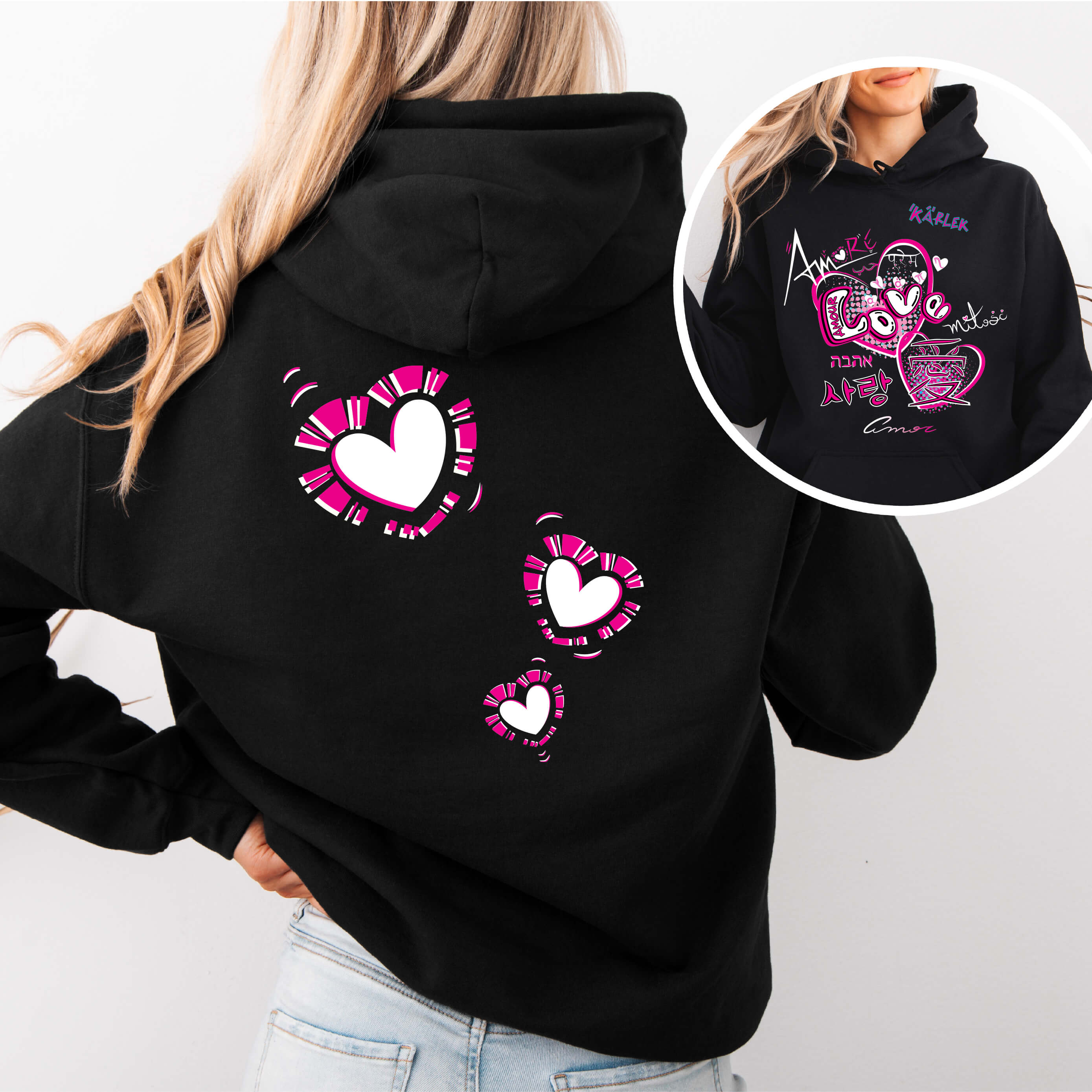 Women's Black Classic Heavy-Blend Hoodie, Love is Love Graphic, Front and Back