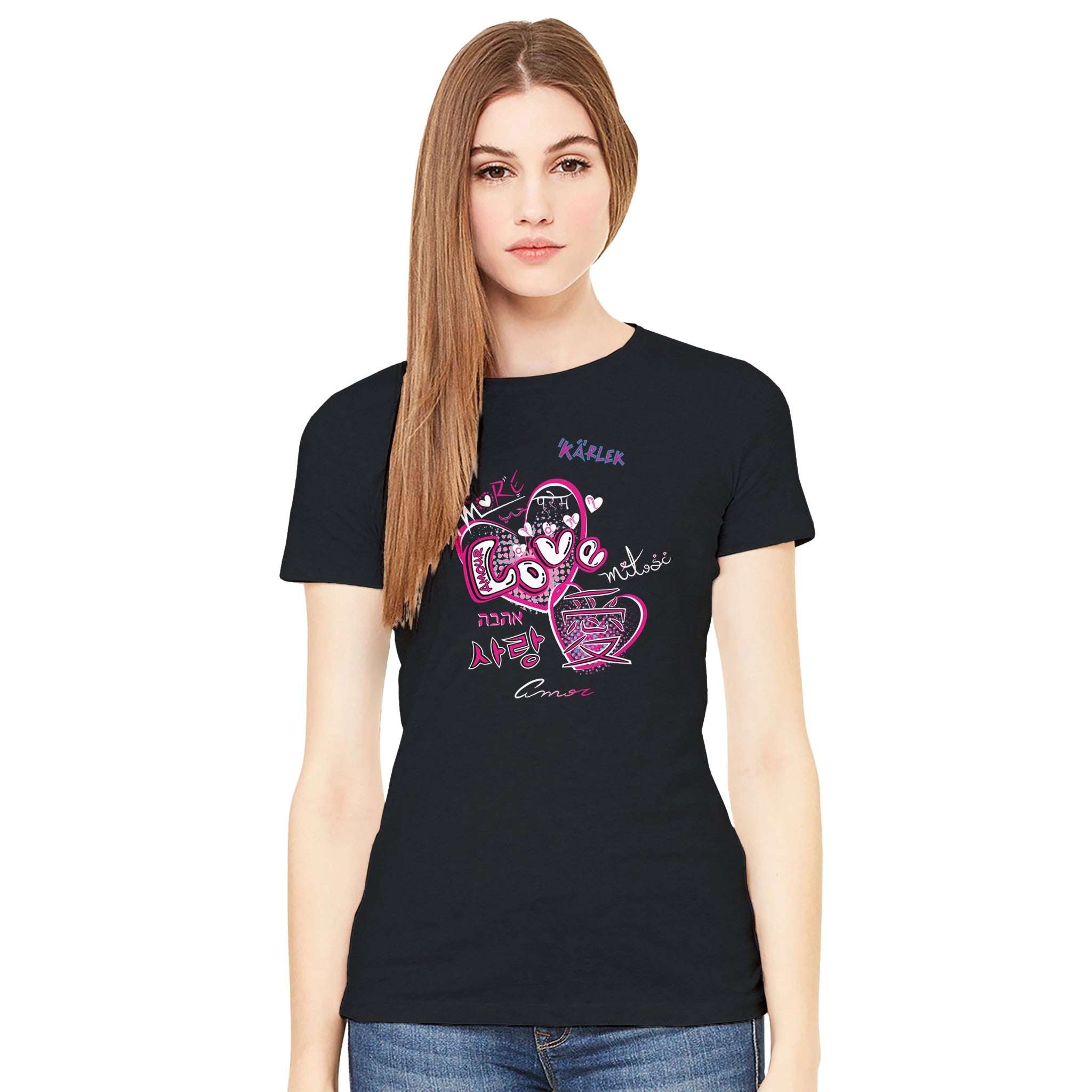 Women’s Black Classic Slim T-Shirt, FreeStyle Love is Love Design, Front