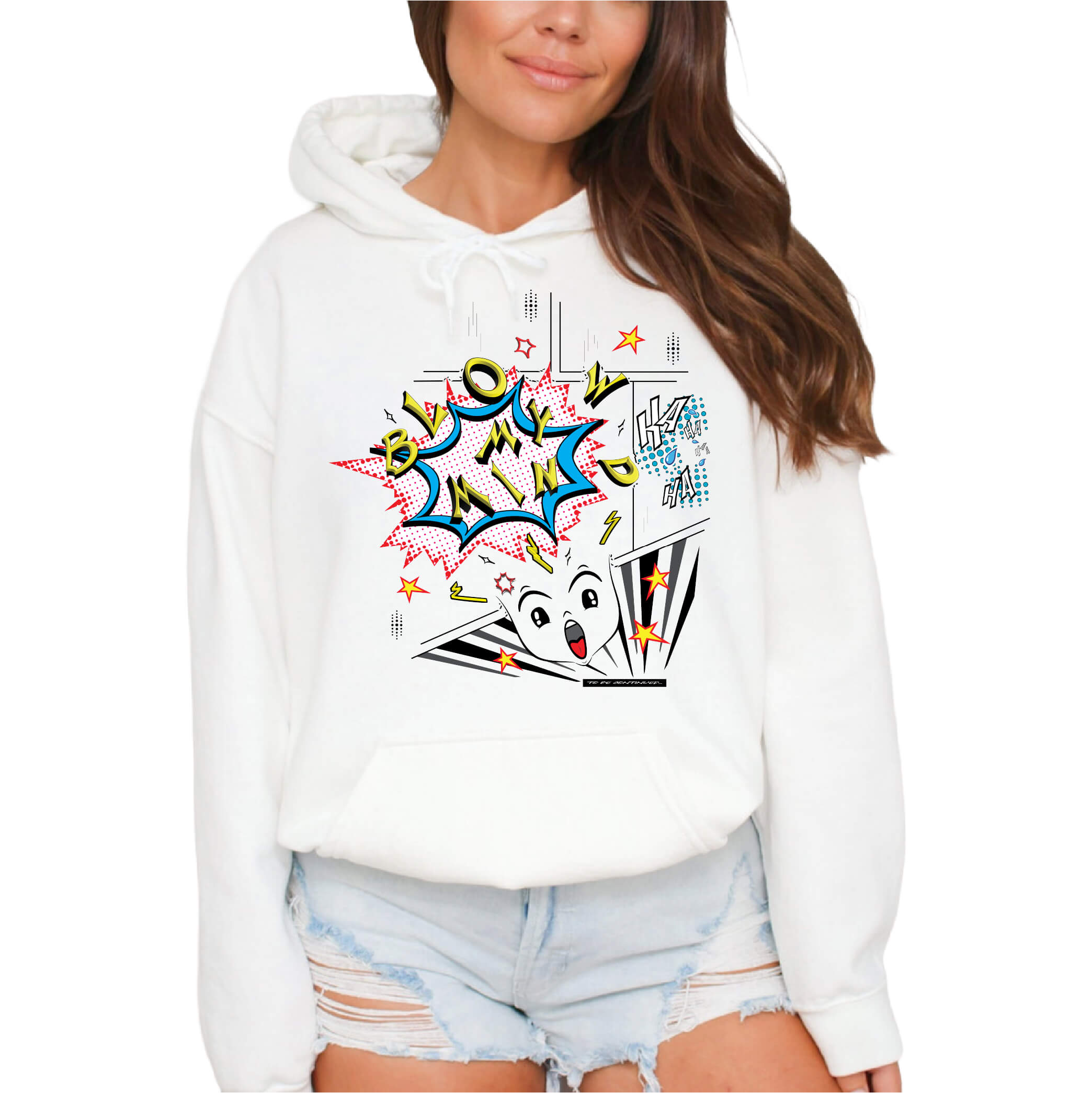 Women's Blow My Mind Comic White Classic Hoodie, FreeStyle Comic Graphic Apparel, by an Indie Artist, Front 1