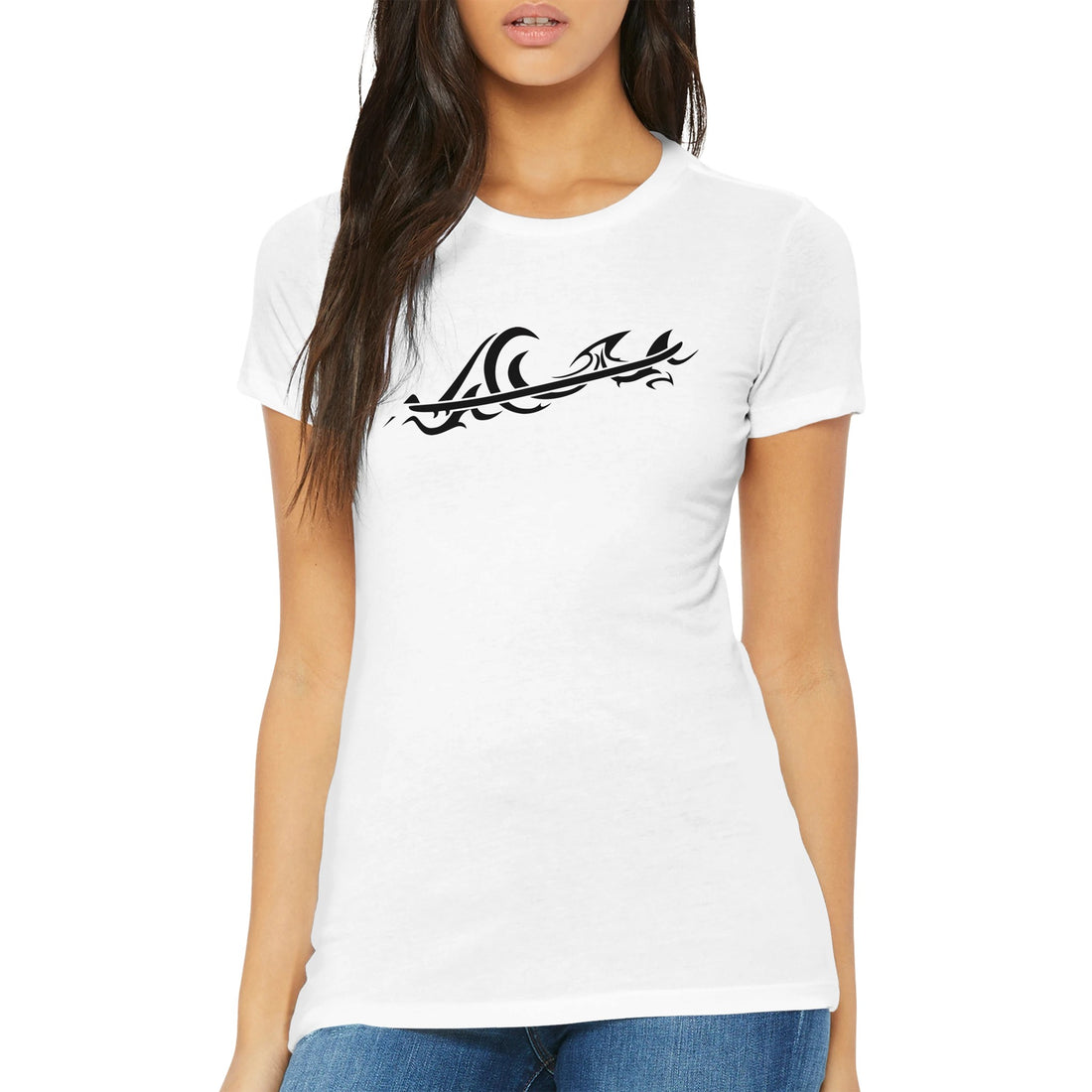 Women’s Classic White Slim Surf T-Shirt, Tribal Wave Graphic, Front 