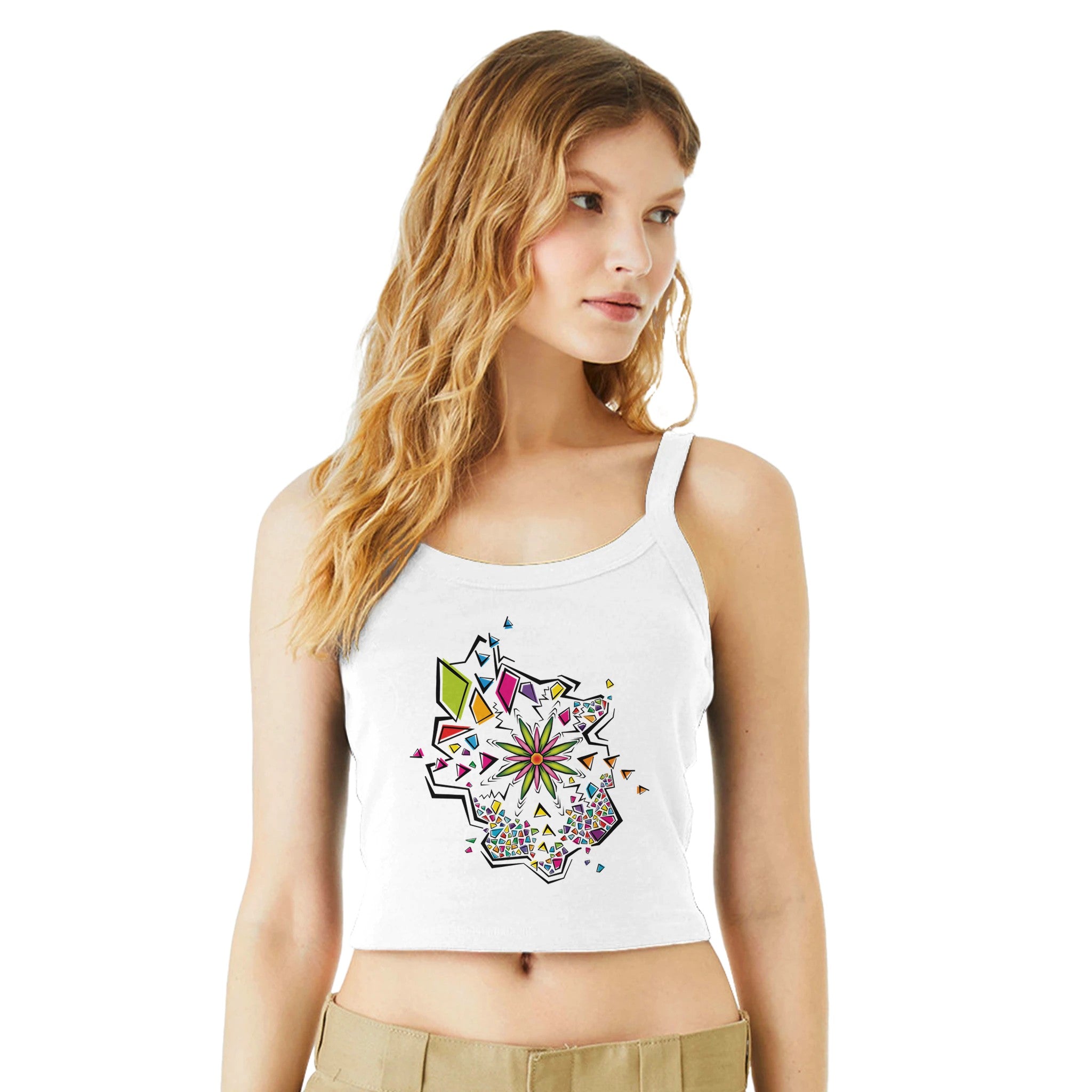 Women's Colorful Flower Explosion White Strap Top | Women's Colorful Apparel | FreeStyle Flower Graphic Design | Light and Soft Premium Cotton | Summer Street Design by an Indie Artist | Front