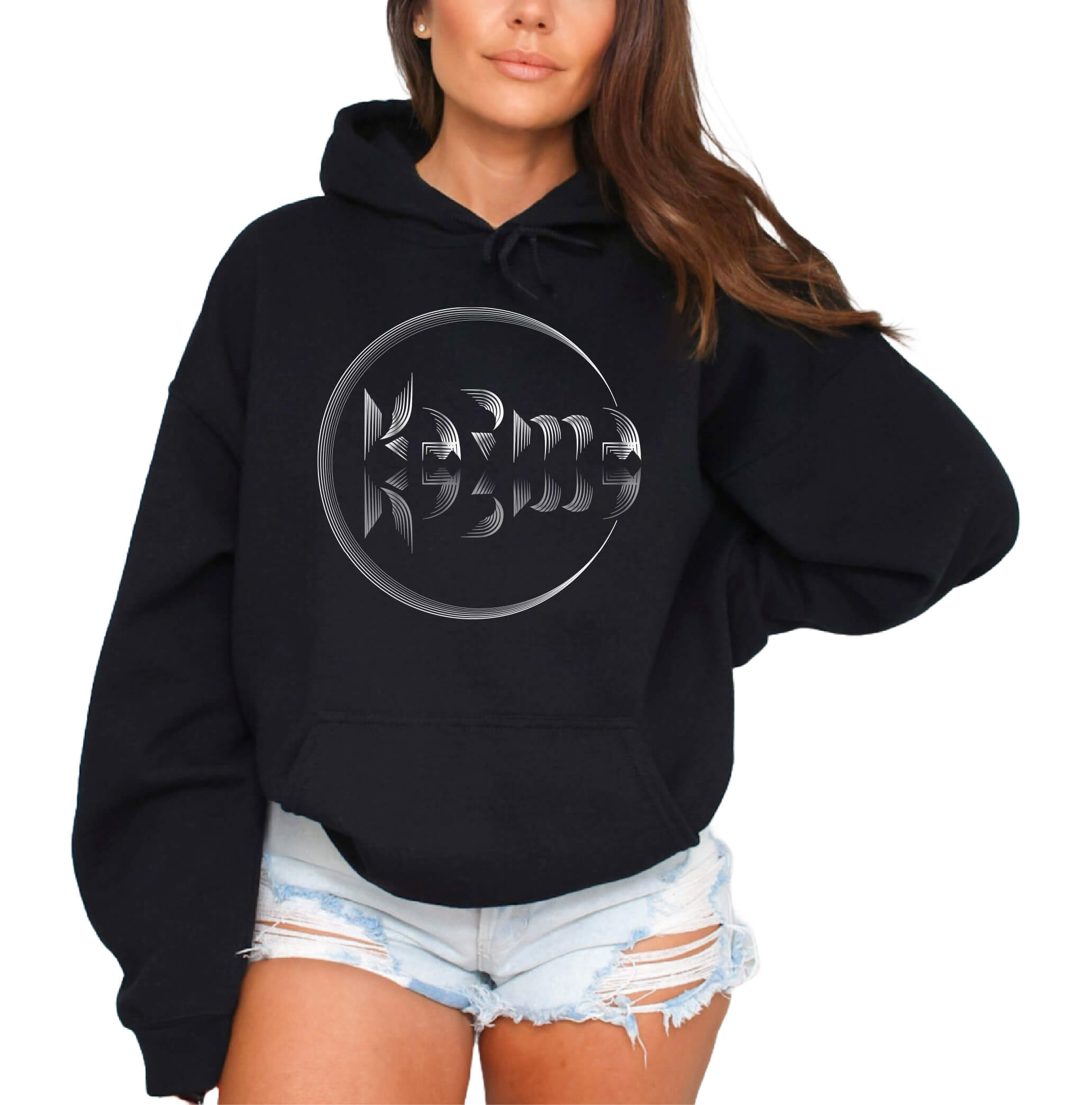 Women's Karma Outfit Black Hoodie | Women's Karma Apparel | Freestyle Karma Divine Justice Art Design | Soft Classic Heavy Cotton Blend | Urban Casual Style by an Indie Artist | Front
