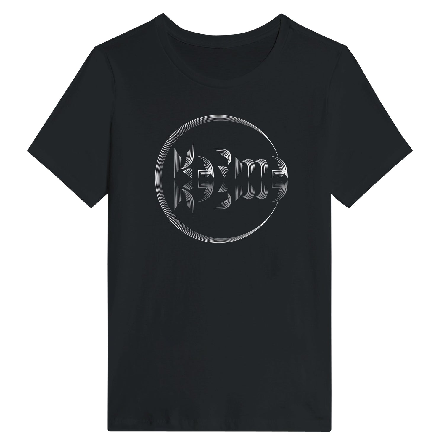 Woman wearing a black t-shirt with a Karma logo on a white background 