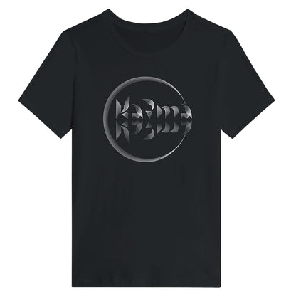 Woman wearing a black t-shirt with a Karma logo on a white background 